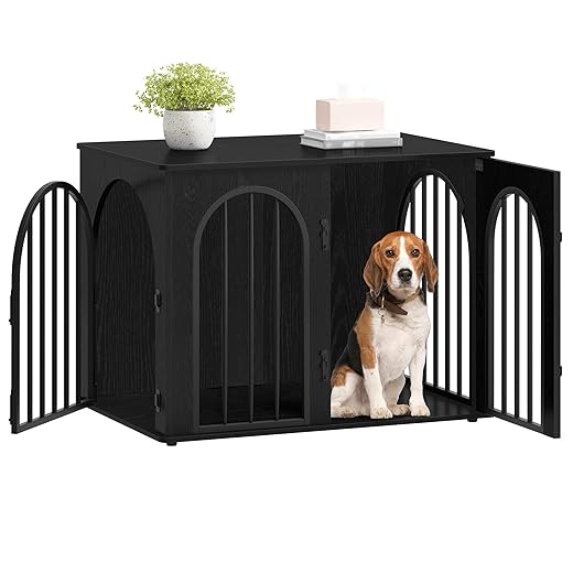 31.5'' Wooden Dog Crate Furniture, Indoor Dog Kennel Dogs Cage for Small/Medium Dogs, Heavy Duty Dog Crates Decorative Pet House End Side Table TV Stand, Black DFC85104B
