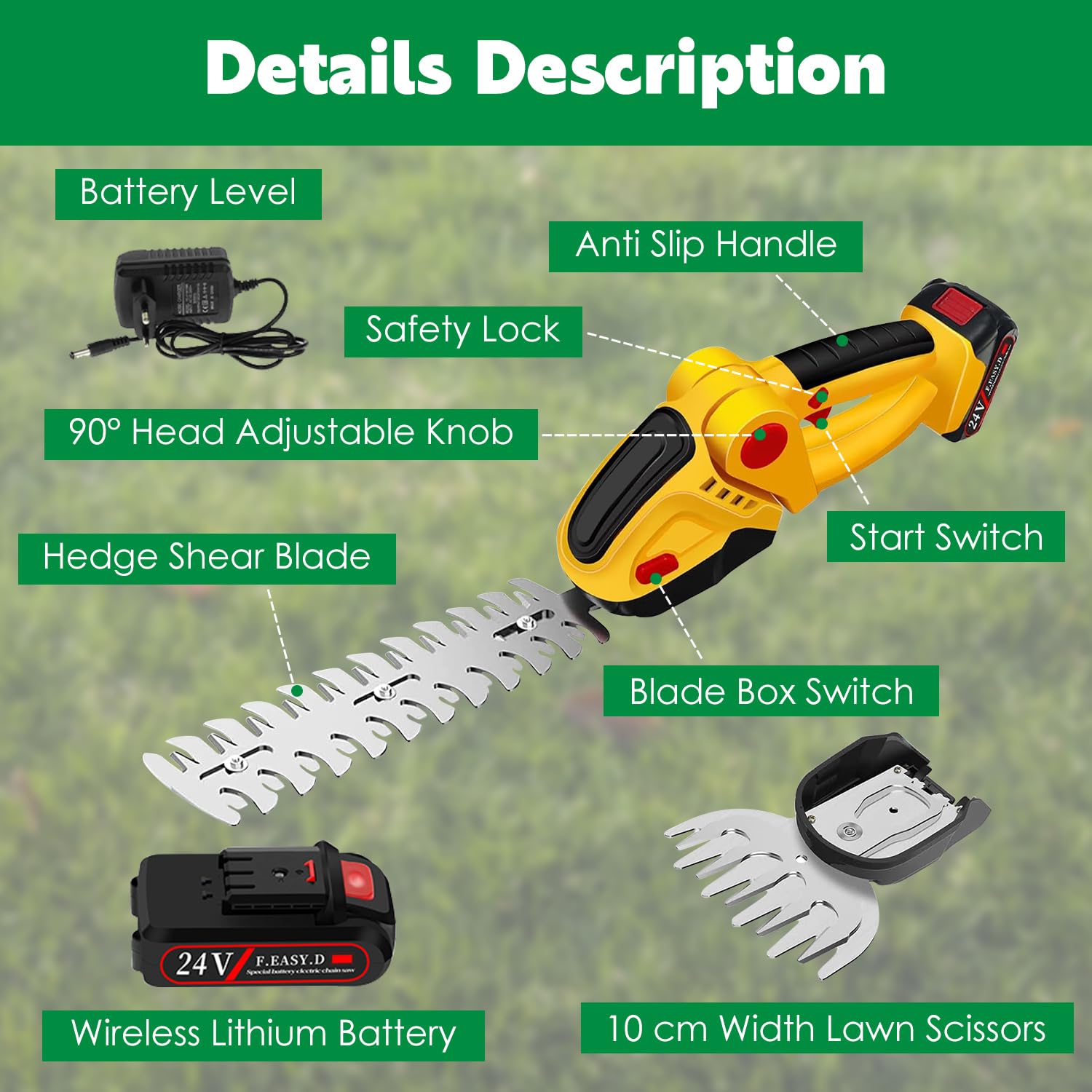2 en 1 Taille Haie Electrique sans Fil, 24V Cisaille à Gazon sur Batterie Rechargeable Coupe Bordure sans Fil avec Batterie 1500mAh pour Arbustes, Jardin, Gazon, Pelouse