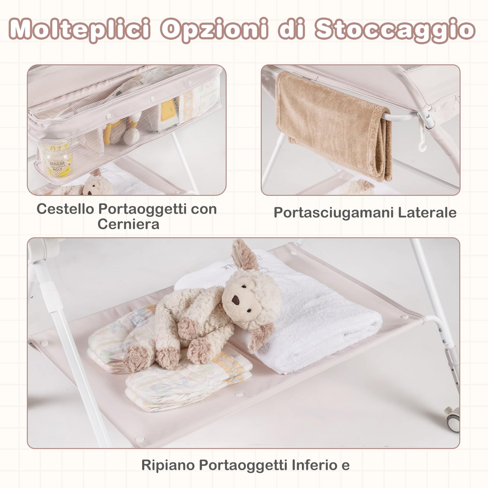 COSTWAY Fasciatoio Pieghevole per Bambini, Altezza Regolabile 3 Livelli, Ruote Bloccabili, Beige