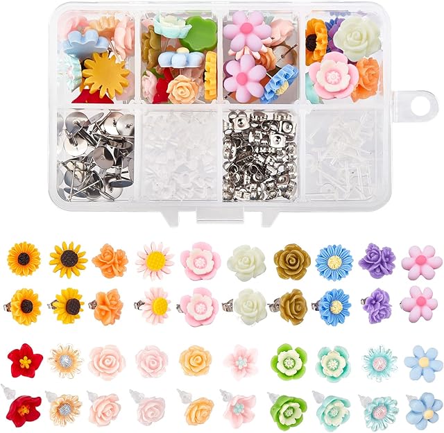 SUNNYCLUE 1 Box DIY 20 Pairs Mixed Resin Flower Flatback Cabochon Studs Earring Kit Resin Rose Daisy Charms with Stainless Steel Post for Jewelry Making Arts Craft Supplies