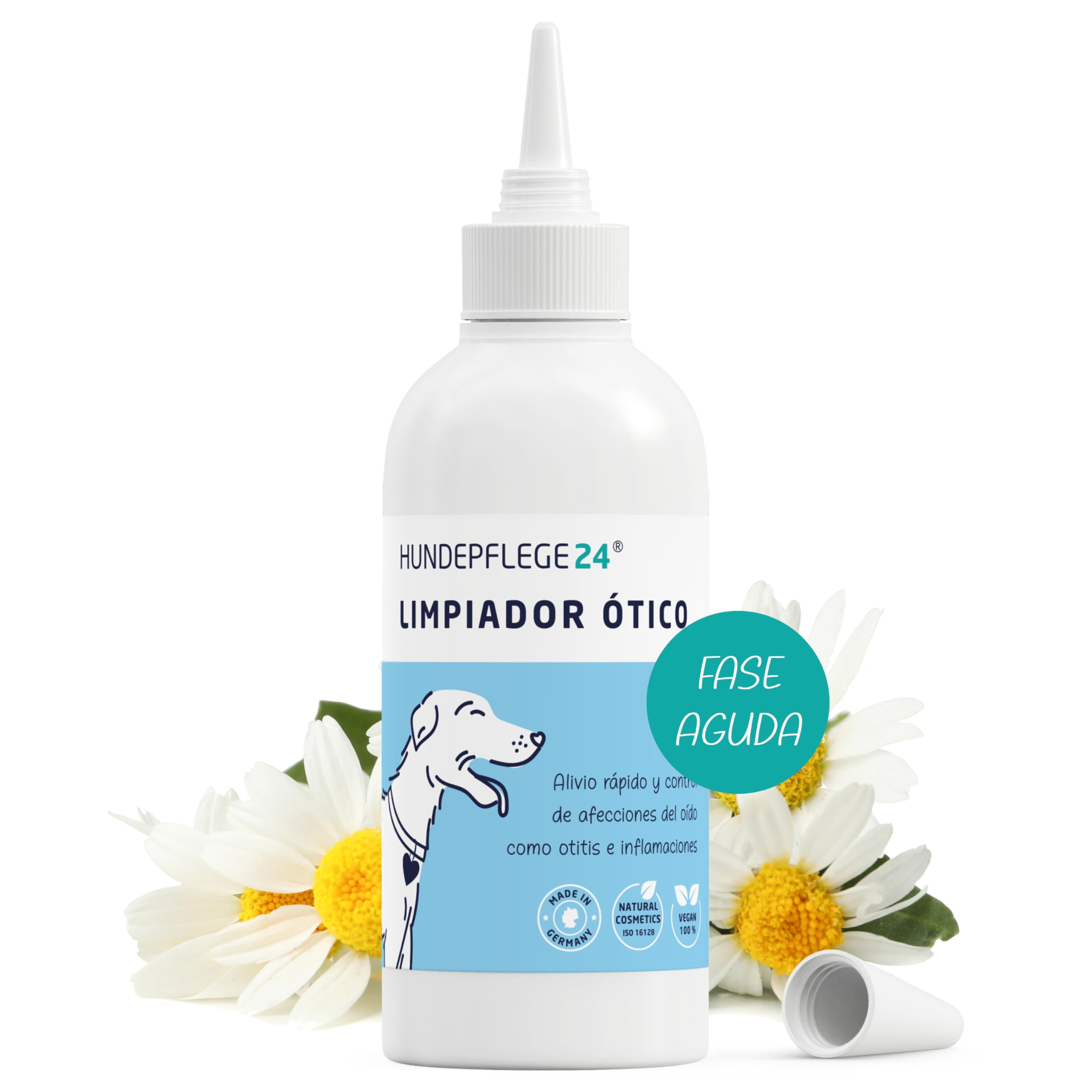 Hundepflege24 Limpiador Oidos Perros Agudo - Potente Limpia Orejas para Perros con Otitis, Inflamación e Infecciones de Oído - Gotas Infección Oídos Perros con Piroctona Olamina y Aloe Vera 250ml