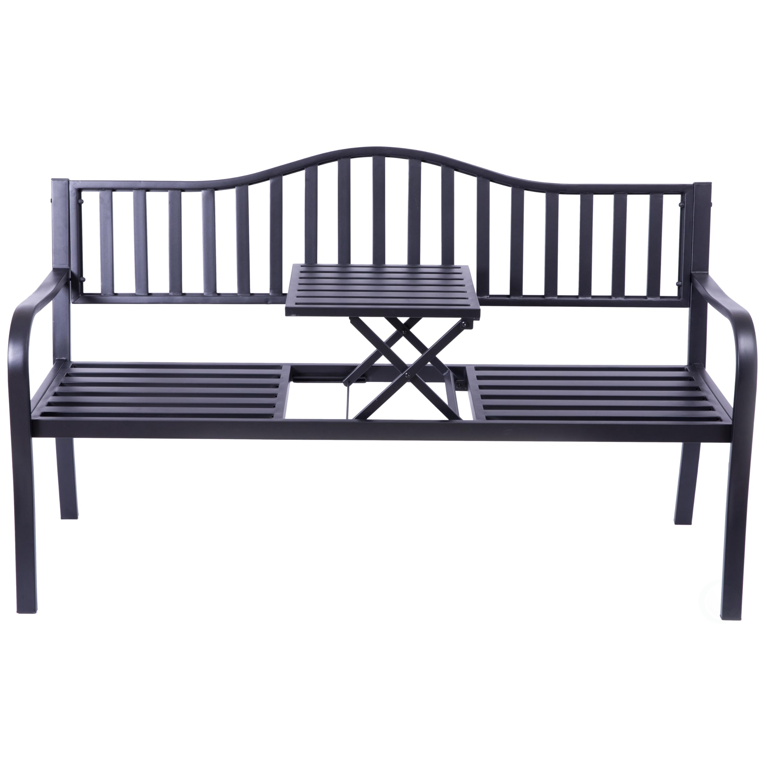QI003461L Banco de parque de acero con recubrimiento en polvo para exteriores, banco de jardín con mesa central emergente, banco de asiento para decoración de césped para patio, jardín,