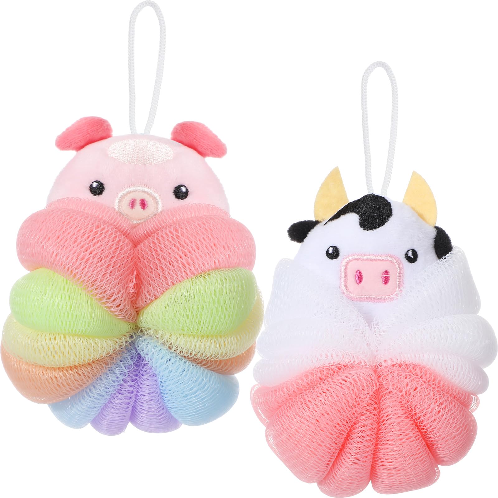 Nuenen 2 Pcs Bath Loofahs Kids Toddler Cute Cartoon Bath Sponges Loofah Pouf Body Scrubber Mesh Sponges for Children Shower Washing Exfoliating(Calf,