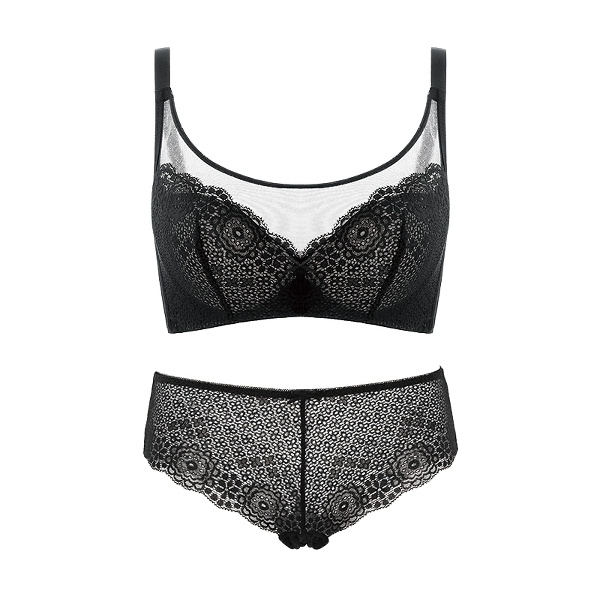 WENJUN Conjunto de sujetador y bragas para mujer, cobertura completa con aros, latón sin acolchado, talla grande, ver malla sexy para todos los días (color : negro, tamaño: 75B)