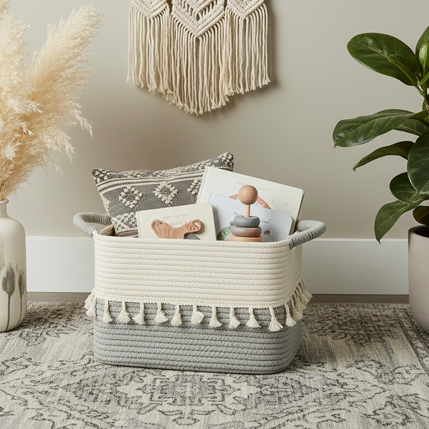 TeoKJ Storage Basket 38x25x22cm – Woven Basket with Tassels, Toy Organizer, Rope Bin for Living Room, Bathroom, Decorative Woven Storage Solution White&Gray — image 1