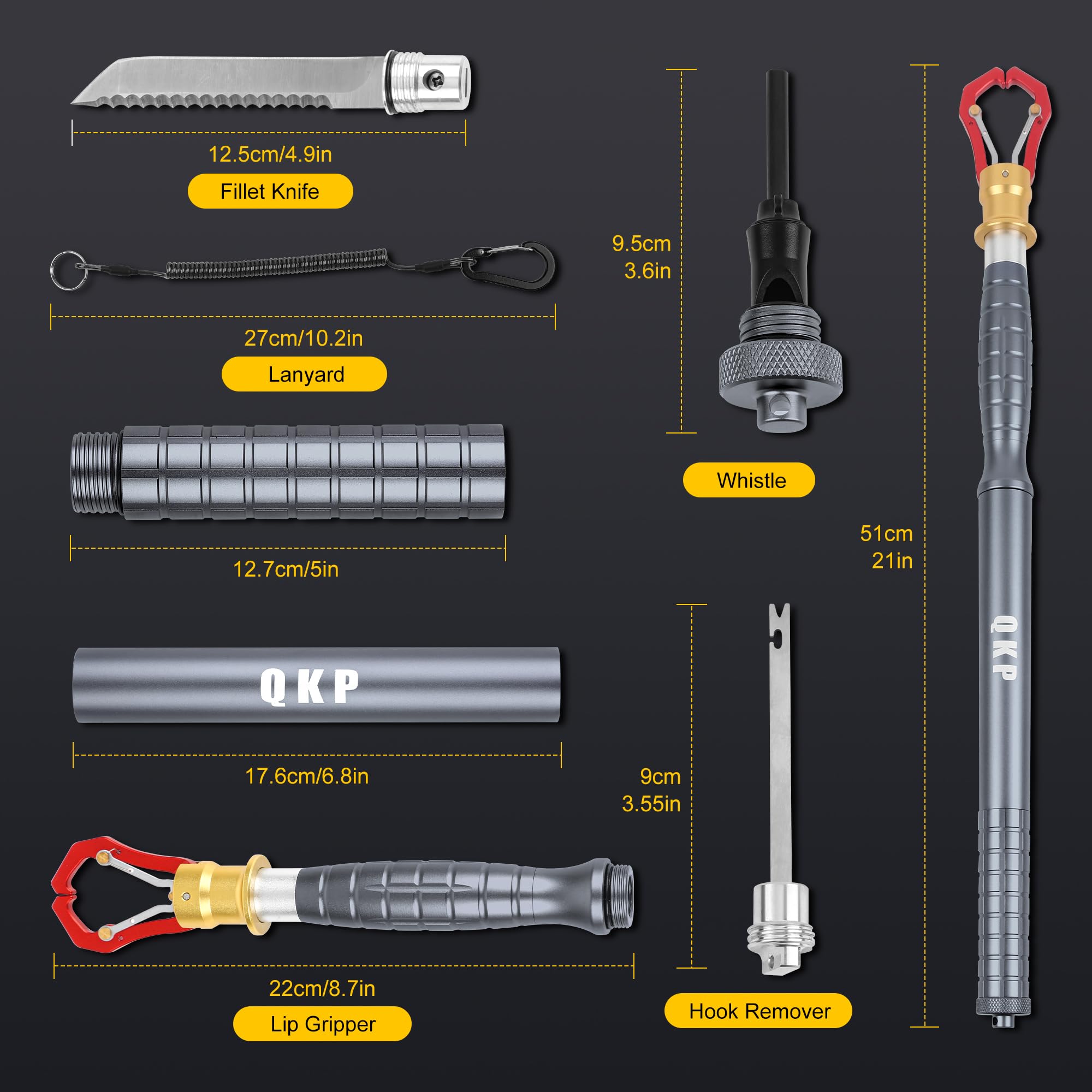 6-in-1 Fischgreifer, Angelgreifer, Welsmundzange mit Filetiermesser, Hakenentferner, Schlüsselband, Pfeife, Feuerstarter