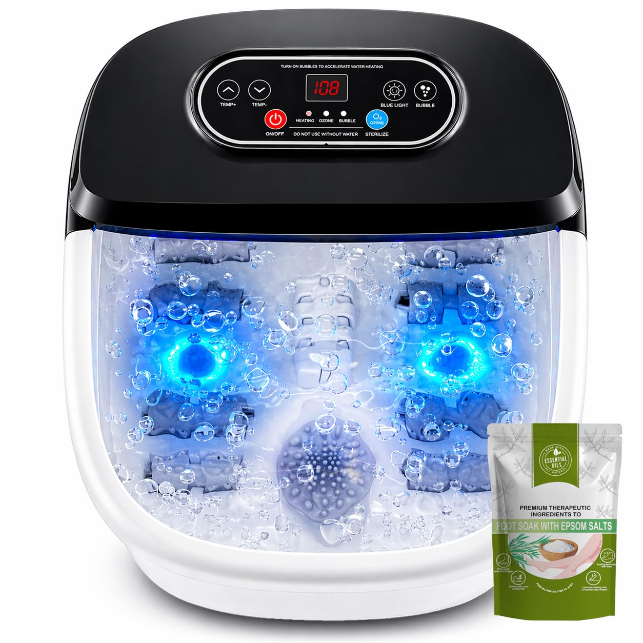 RIGHTMELL Spa per piedi con ozono e luce blu, massaggio a bolle e 8 rulli, temperatura costante regolabile (35 ° C-47,8 °C), massaggiatore per piedi di grande capacità con sale Epsom, per rilassarsi a