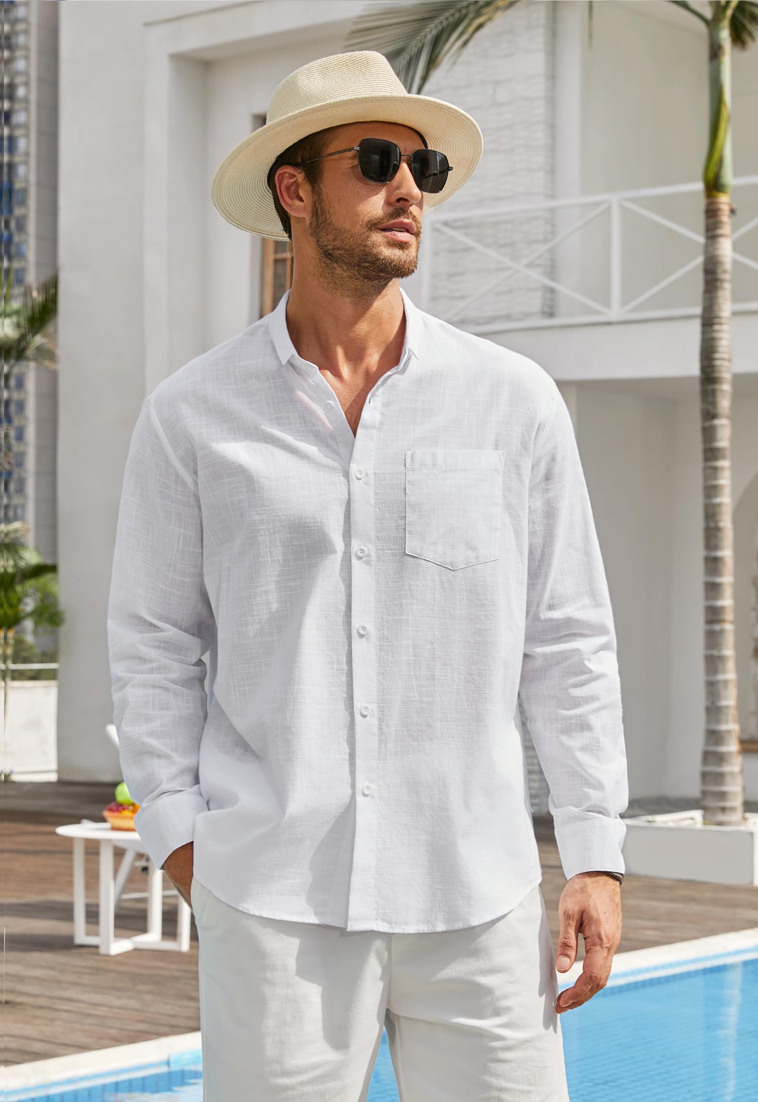 Enlision Camisas Lino Hombre Manga Larga Verano de Algodon Casual Camisa Henley Shirts Cuello Mao Color Sólido Elegantes Playa Boda Vacaciones S-4XL