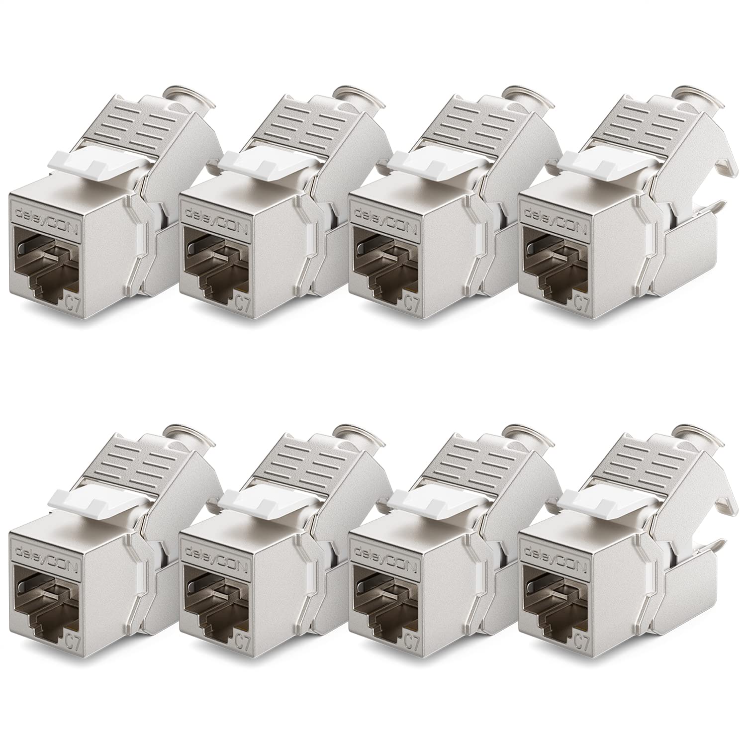 deleyCON 8X Módulo Keystone CAT7 - Compatible con Cables de Instalación CAT7/CAT6/CAT6a, Empalmes y Patch Cables - Blindaje STP - Puerto RJ45-1000 MHz, 10 Gbit/s - con Terminal de Corte (LSA)