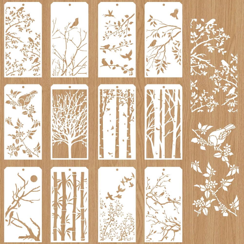 GOMAKERER 12 Pcs Traditional Chinese Style Decorative Painting Templates, 12 Styles Birds Bamboo Tree Branches Stencils Reusable Texture Stencils for Painting on Furniture Scrapbook Decor