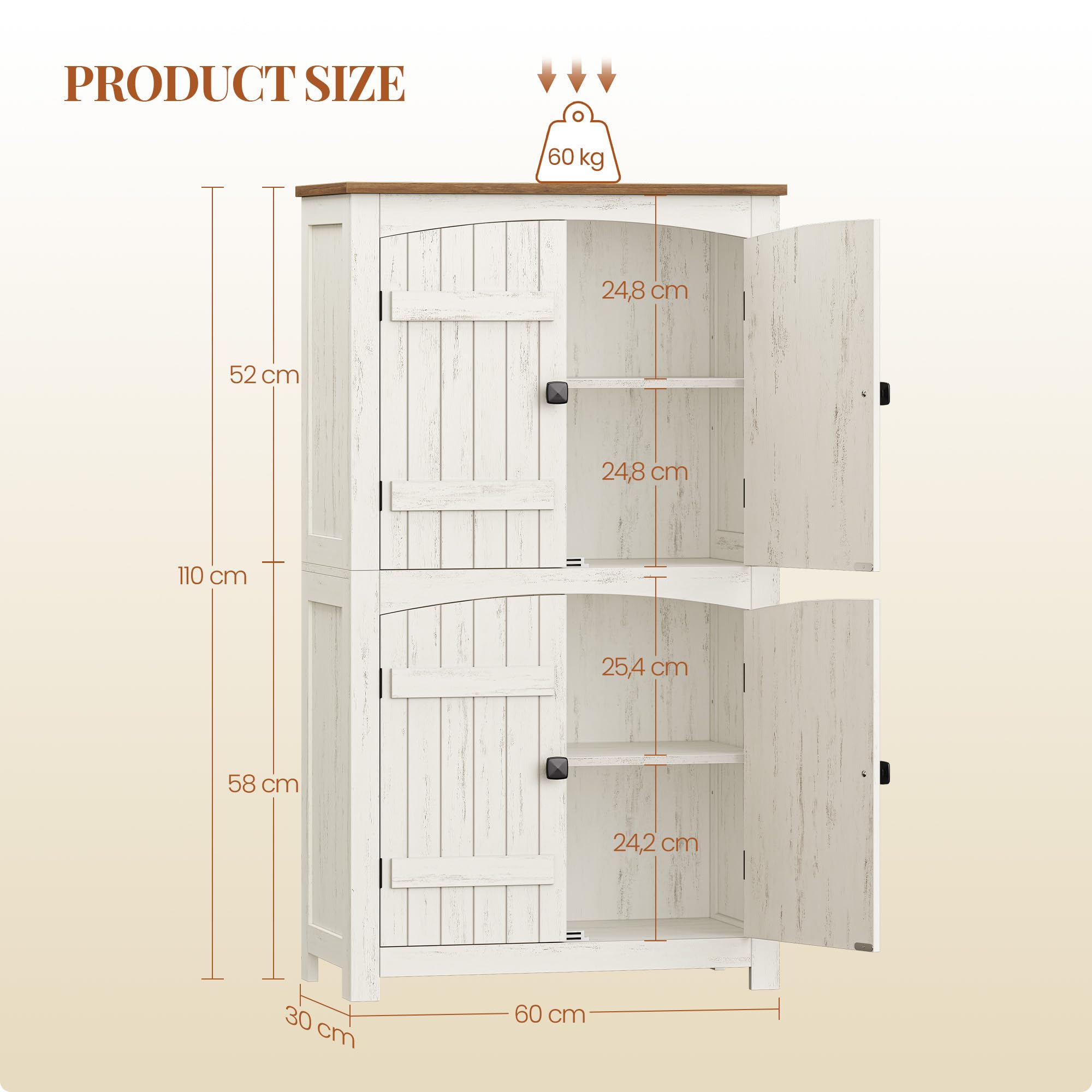 HEXCELEN Armoire de Rangement avec Portes de Grange, Style Ferme, Buffet Haut, avec 4 Portes, Meuble de Rangement, Étagères Réglables, Marron Rustique et Blanc, 30 x 60 x 110 cm