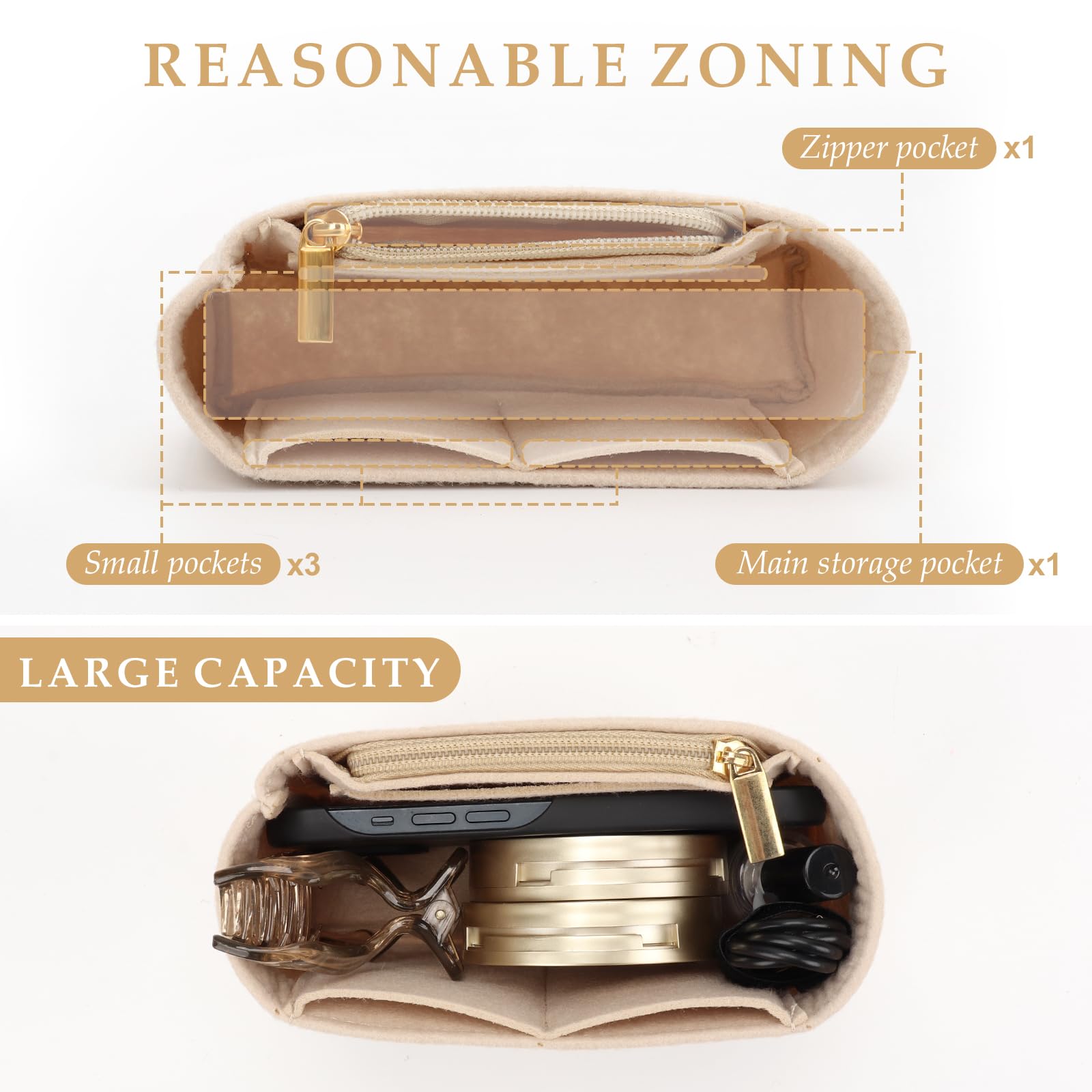 Organizer do torebki Longchamp Le Pliage Mini, z filcu, z wielofunkcyjnymi kieszeniami, duża pojemność