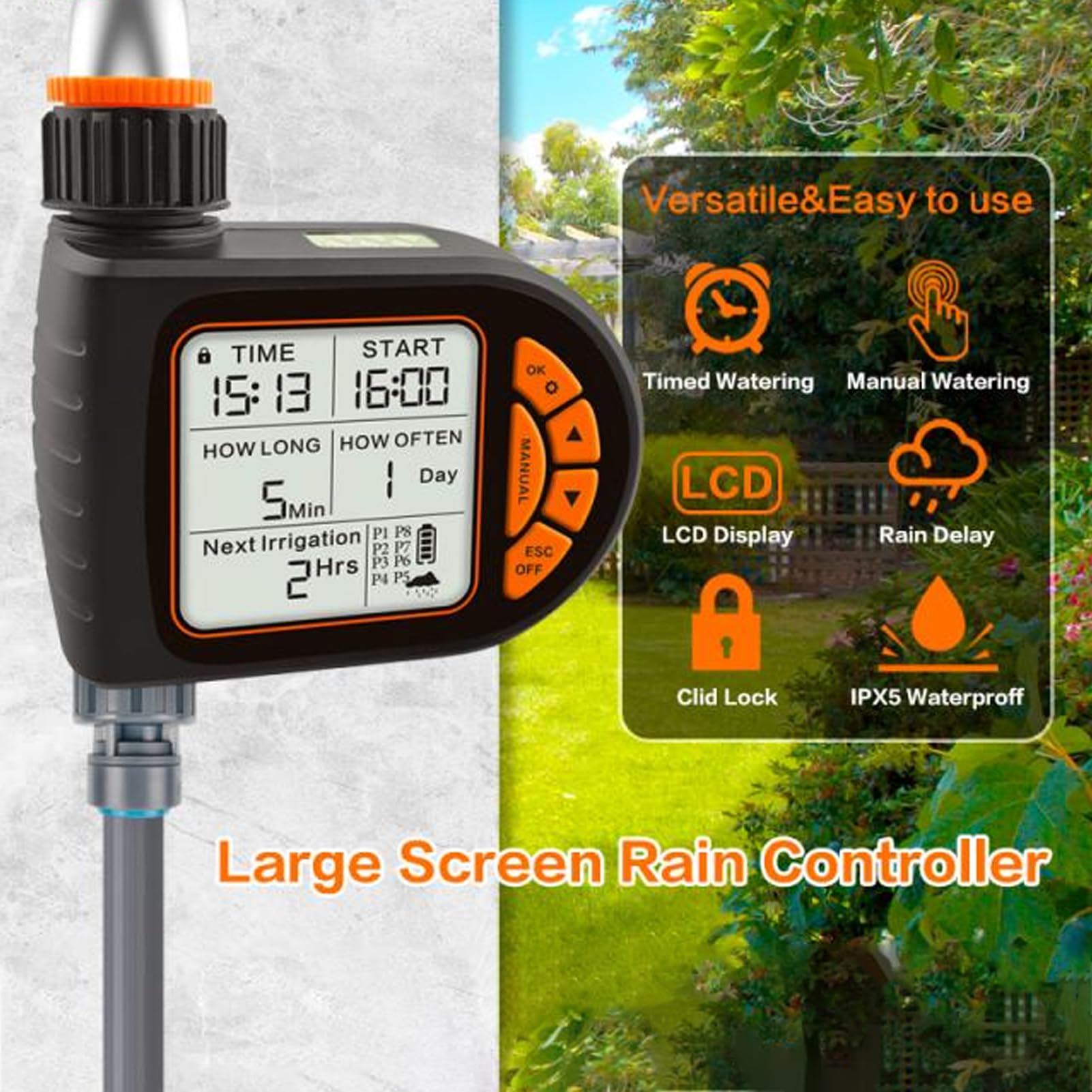 FLEXMAN Automatic Watering Timer, G3/4 Male Thread to G1/2 Female Thread Outdoor Programmable Garden Hose Faucet Timers Water Sprinkler Timer