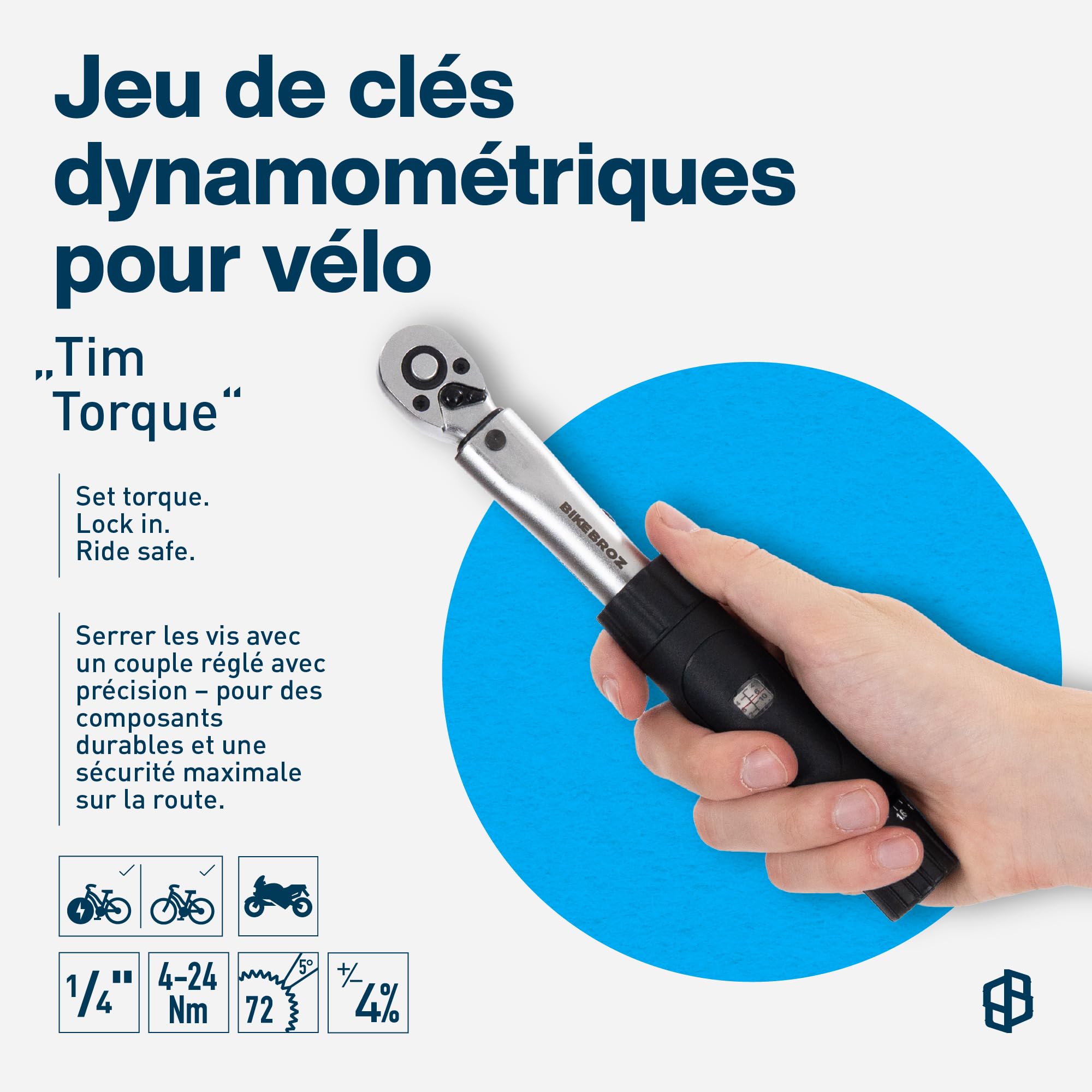 Lot de 15 clés dynamométriques 1/4" et clés à douille avec 4-24 Nm pour vélo, moto, etc. | Clé dynamométrique petite | Jeu d'outils Tim Torque Pro 70005