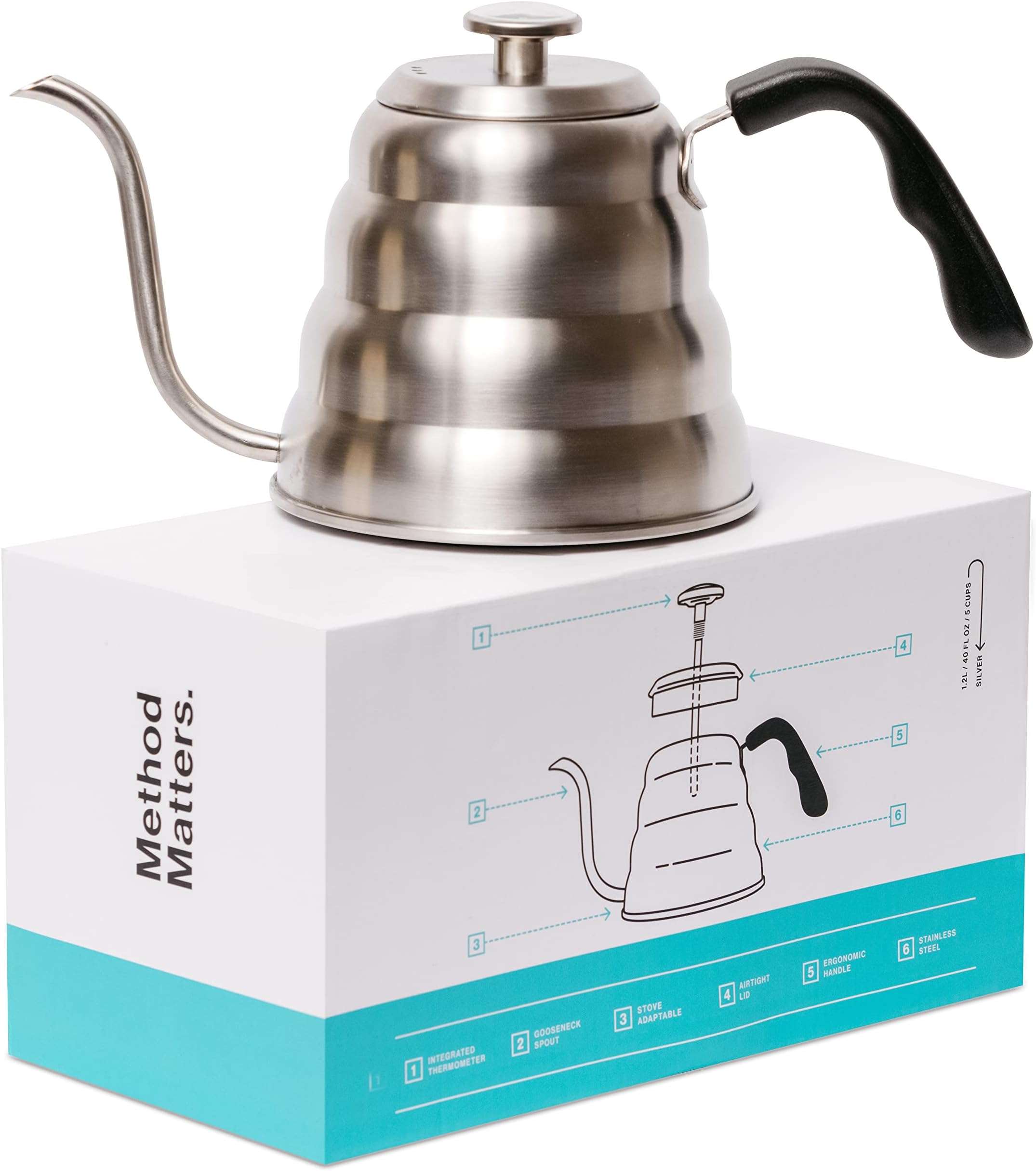 (Stainless Steel, 1.2 Litre) - Pour Over Coffee Kettle with BUILT-IN THERMOMETER - Large 1.2L - Gooseneck Drip Coffee Kettle and Stainless Steel Stovetop Tea Pot