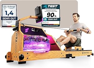 Sportstech Premium Rudergerät Wasser für Zuhause, Rudermaschine mit LED-Wassertank, Water Rower klappbar, Deutsches Qualitätsunternehmen, App mit Workout Kursen+ Tablethalterung, Massivholz, WRX1000