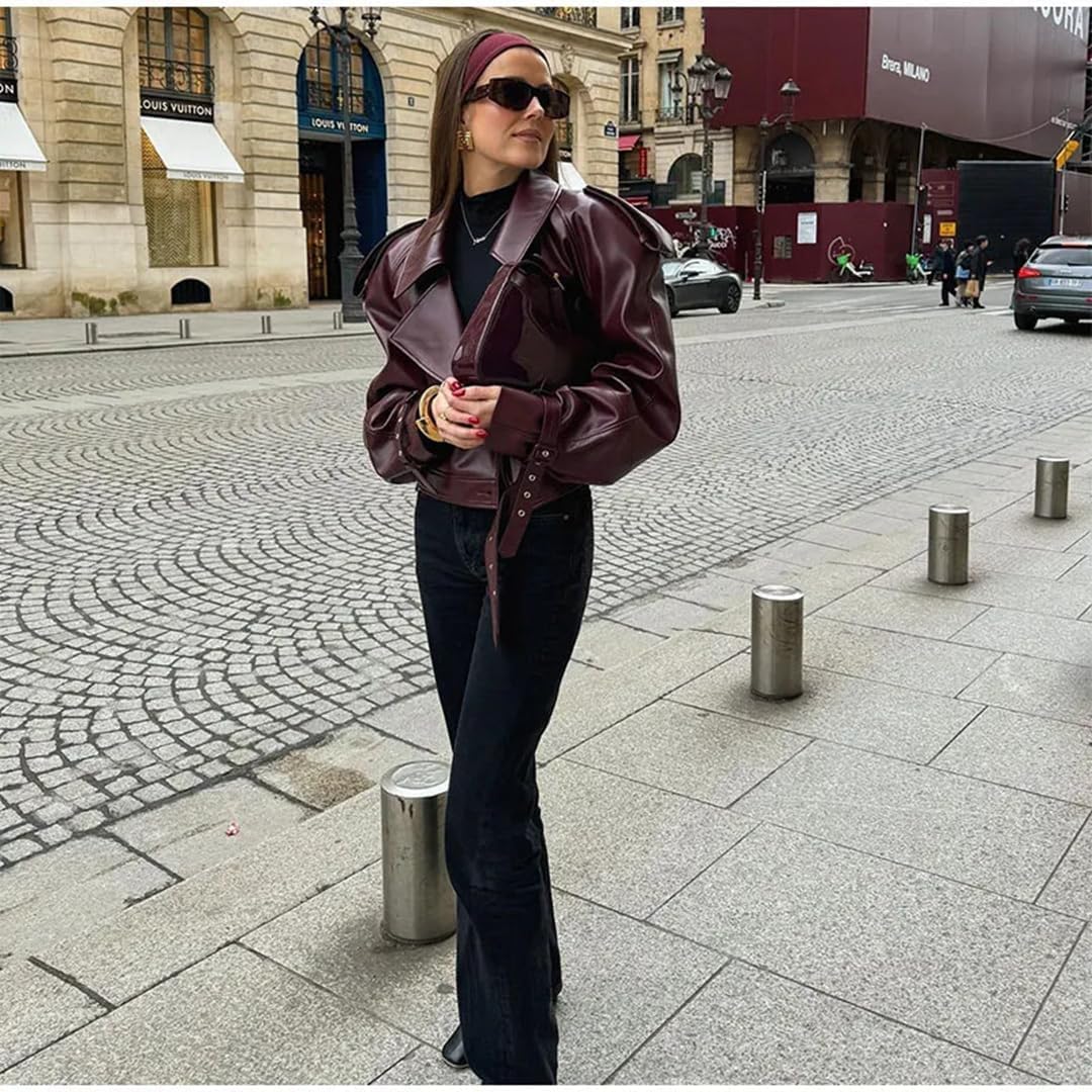 Generico Giacca Da Donna in PU Con Revers Retrò Stile Motociclista Tendenza Moda Giacca Da Ufficio Elegante Casual E Comoda A Maniche Lunghe Per Primavera E Autunno