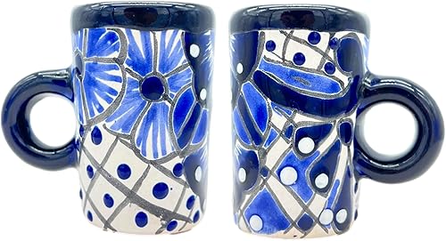 Casa Fiesta Designs Talavera - Vasos de cerámica mexicana con asas, pintados a mano en México, ideales para tequila, mezcal y sangrita, juego de 2