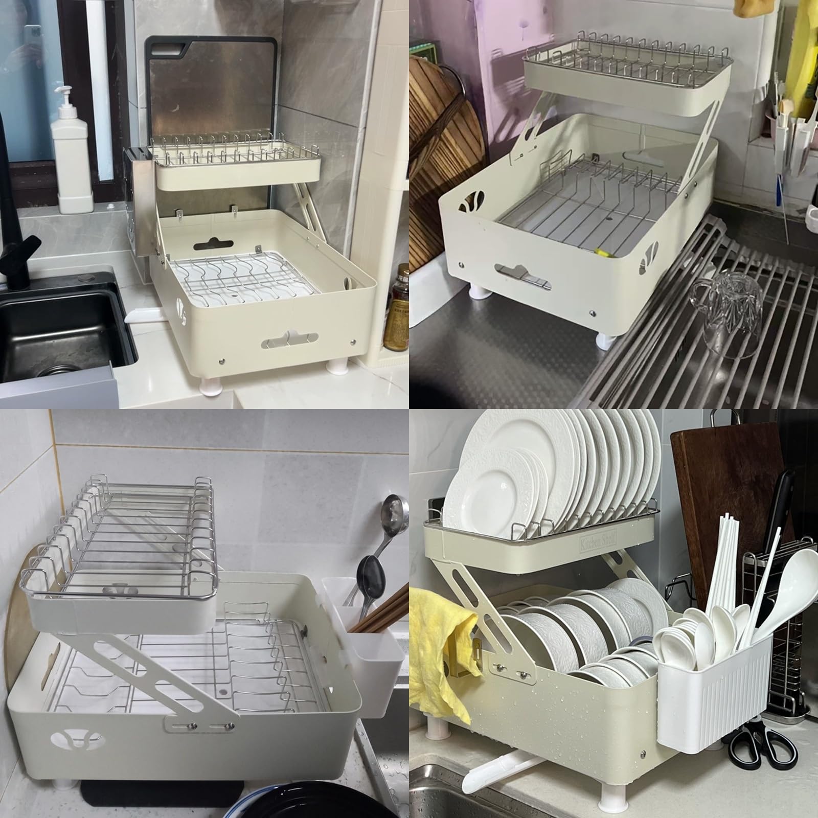 Metalowy Stojak na Naczynia Nad Zlewem, Suszarka na Naczynia na Blat Kuchenny z Tacką Ociekową, Duża Pojemność, Automatyczne Odprowadzanie Wody(White,39x28x23 cm/15x11x9 in)