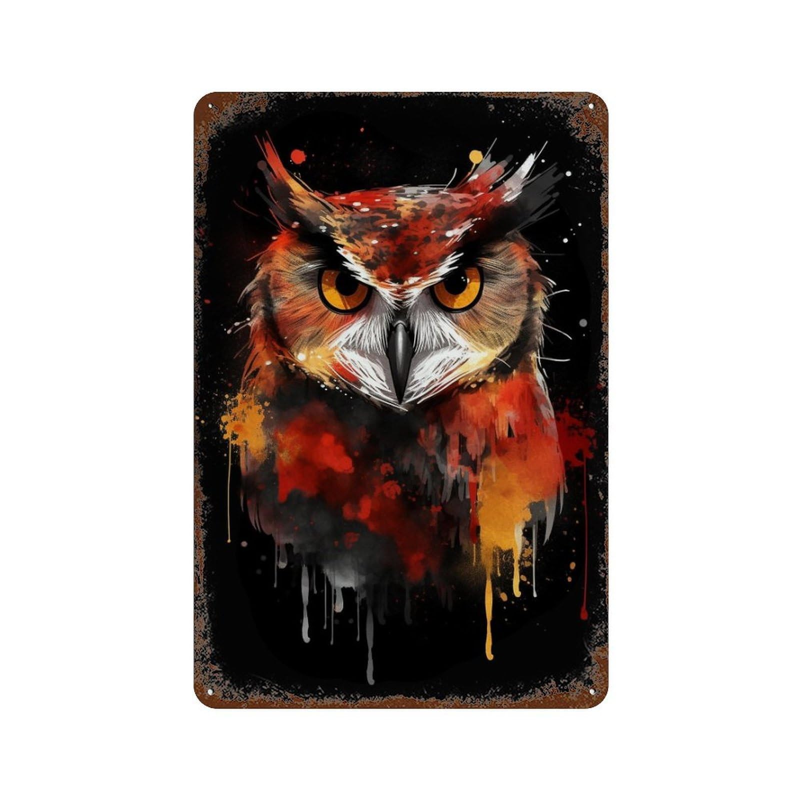 Rusty Metal Tin Sign Colorful Abstract Owl Art Print 11.8"x7.9", Classic Wall Plaque for Cafe, Home Bar And Lounge Decor