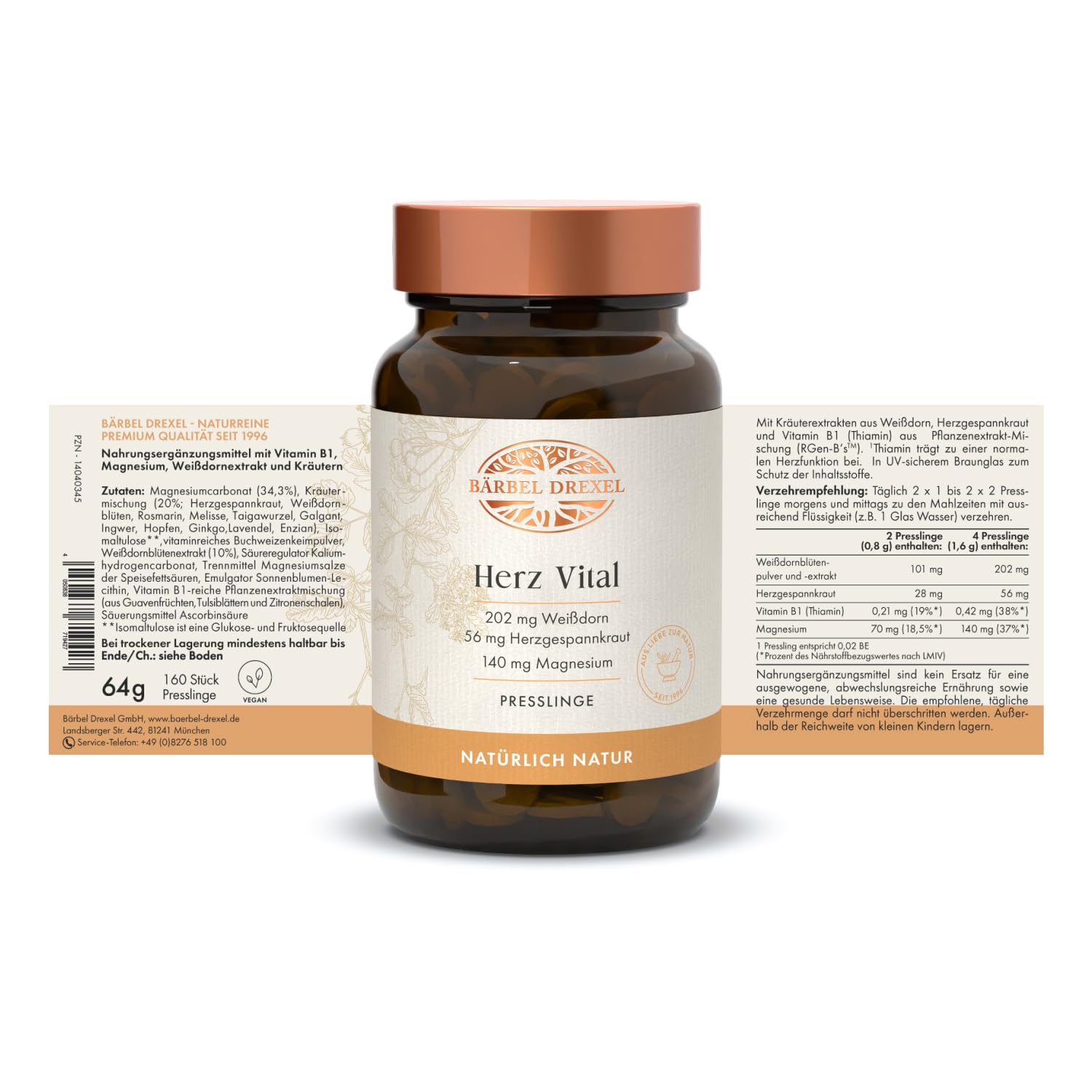 BÄRBEL DREXEL Herz Vital mit Weißdorn, Herzgespannkraut, Melisse, Enzian, Magnesium & Vitaminen (160 Stk) Naturheilkunde Blutdruck Herz-Kreislauf-System Gefäße Cardio