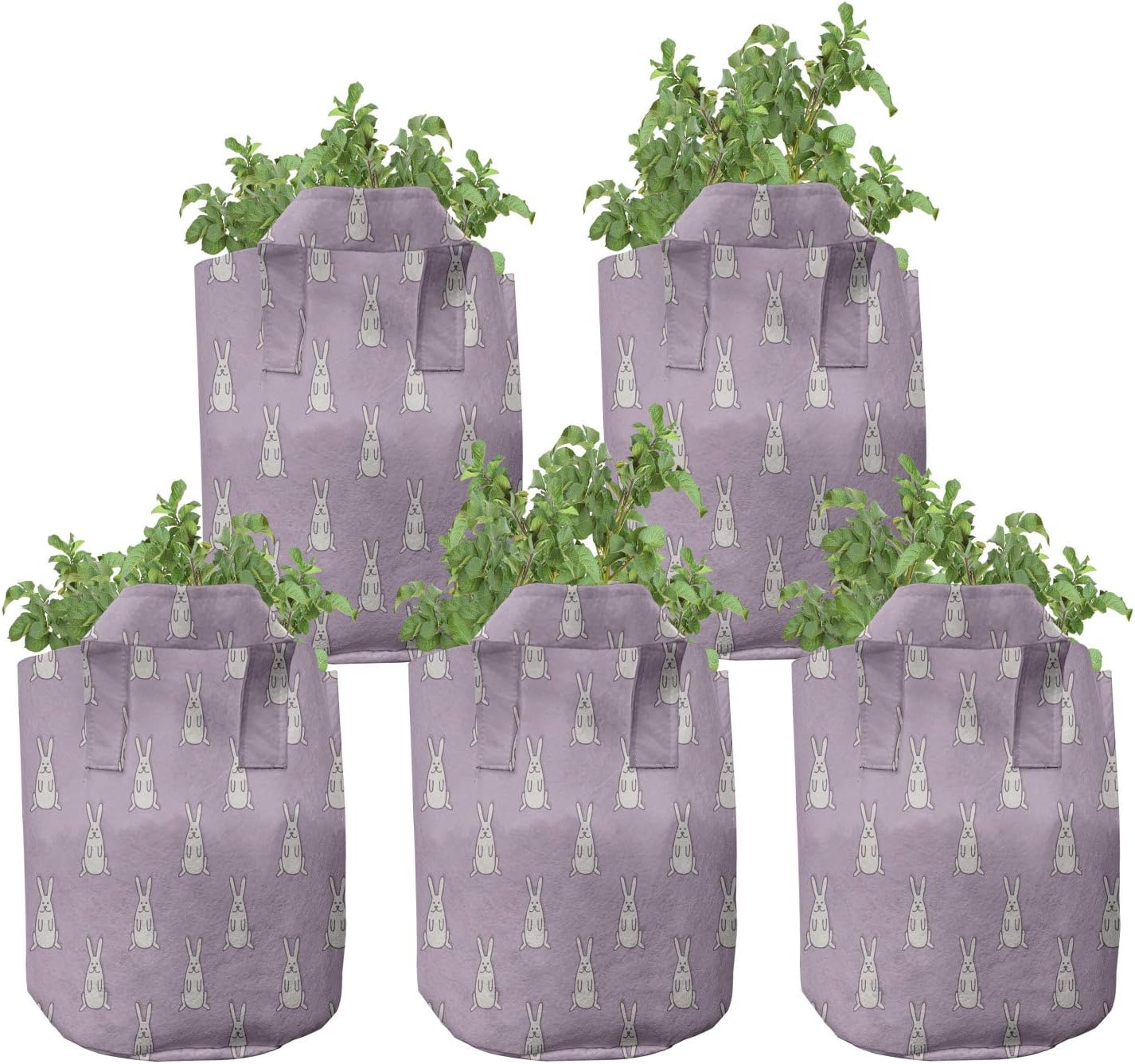Lunarable Mauve Grow Bags 5-Pack, Rabbit Pattern Design, Heavyduty Fabric Pots with Handles for Plants, Pale Grey