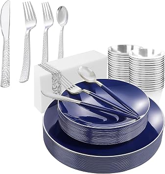 KIRE 175Pcs Blue Plastic Plates with Silver Rim & Disposable Silverware And 400PCS Silver Plastic Silverware