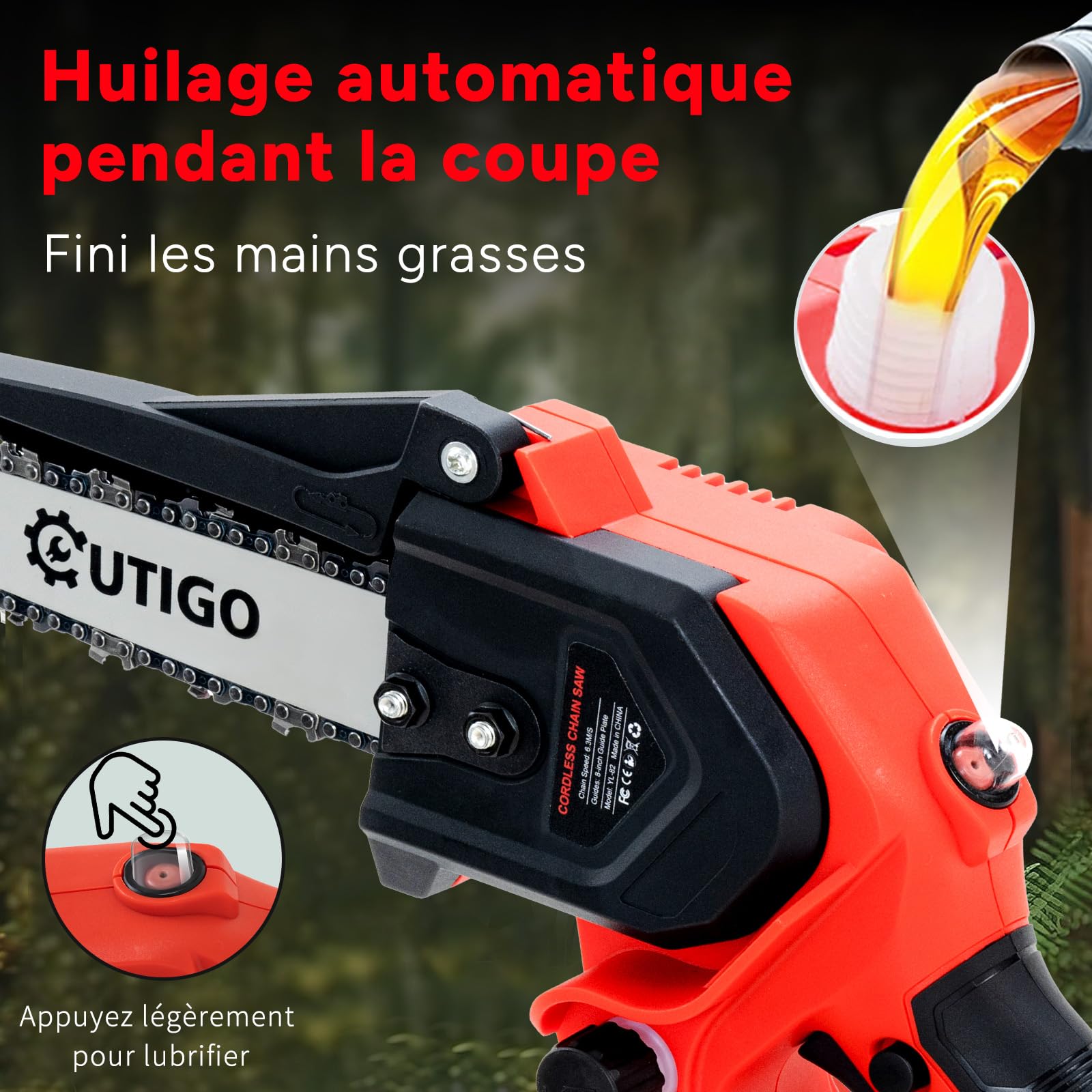 OUTIGO Tronçonneuse à batterie, 8 pouces, 2 * 4000mAh Akku, MINI Tronçonneuse sans fil, 4chaînes+3 barres de guidage de chaîne (8C)