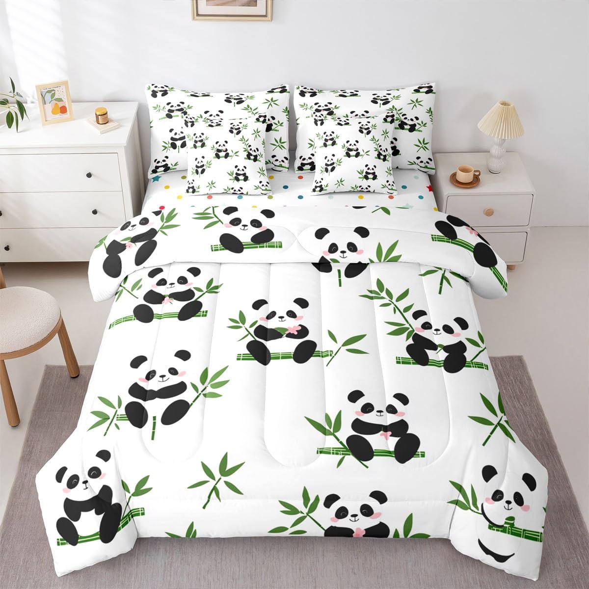 Erosebridal Kids Cartoon Panda 7 Piece Bedding Set Full Cute Animal Comforter Set with Sheets Boys Girls Bed in A Bag Kawaii Bed Sets with 2 Pillowcases, 2 Throw Pillow Covers