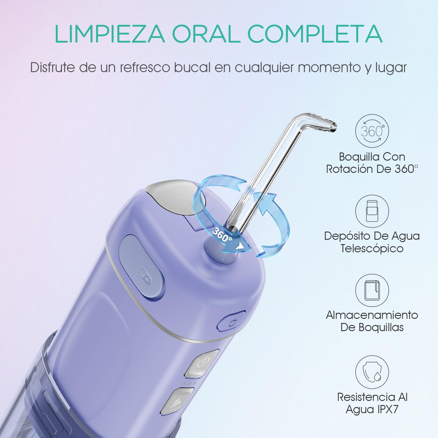 Irrigador Dental Portatil Mini, Irrigador Bucal con 5 Modos e IPX7 Impermeable, Inalámbrico y Recargable, Apto para Limpieza Dental en Casa y Viaje WF510 (Morado)