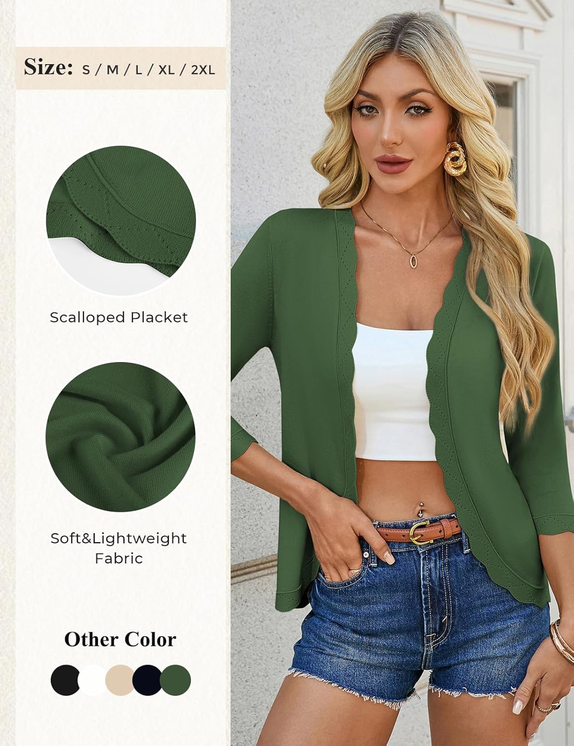 GRACE KARIN Women Lightweight Summer Cardigans 3/4 Sleeve Cropped Cardigan Sweaters Open Front Bolero Shrug - Image 4