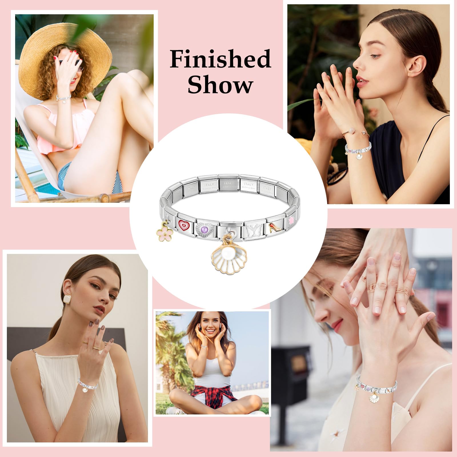 POFIBO Italian Charm Bracelet - 8 Charms con Herramientas de Apertura, 9 mm Módulo de Acero Inoxidable Extraíble, Pulsera Italiana para Amigas Madres