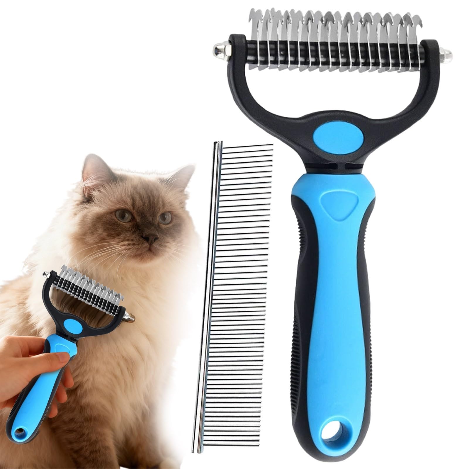 Pet Grooming Tool Set, 2PCS Double-Sided Undercoat Rake for Dogs and Cats, Professional Deshedding and Dematting Brush, Pet Grooming Tool for Long and Short Hair, Stress-Free Fur Remover Comb