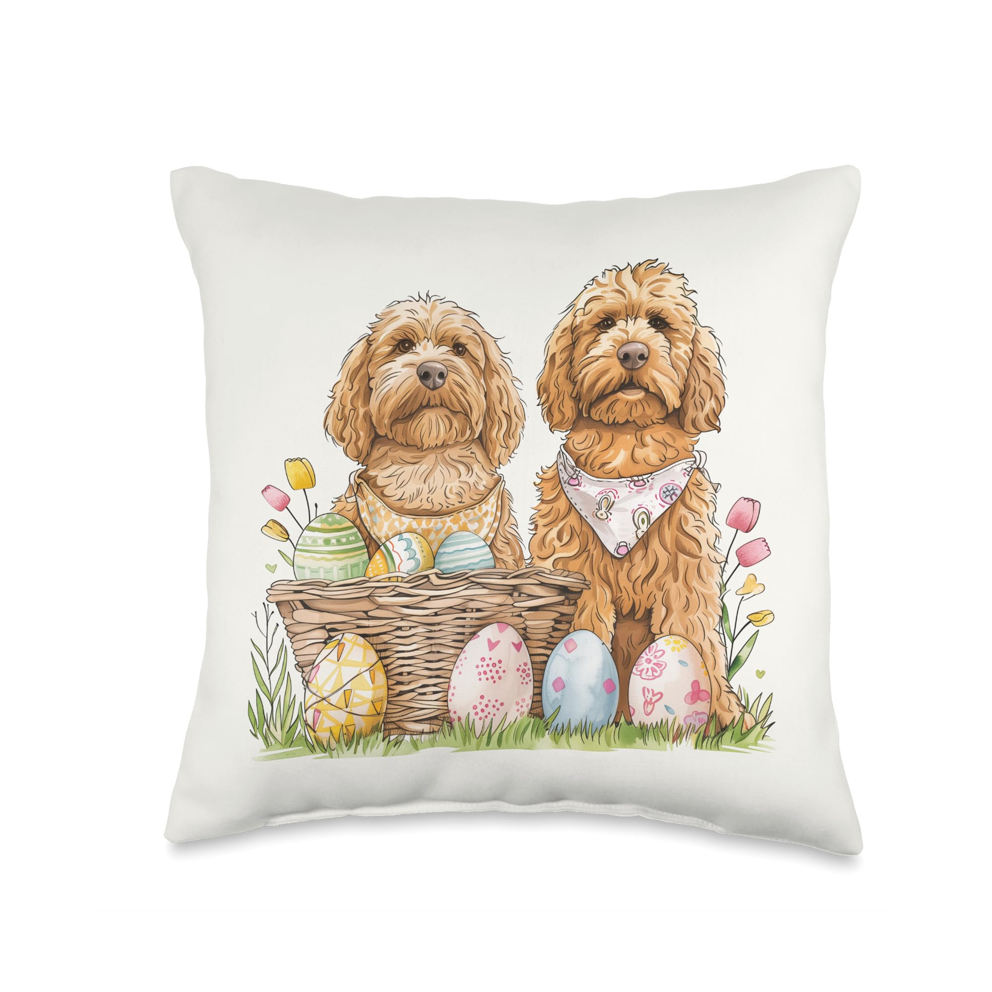 Happy Easter Goldendoodle Dogs Easter Basket Spring Flowers Throw Pillow