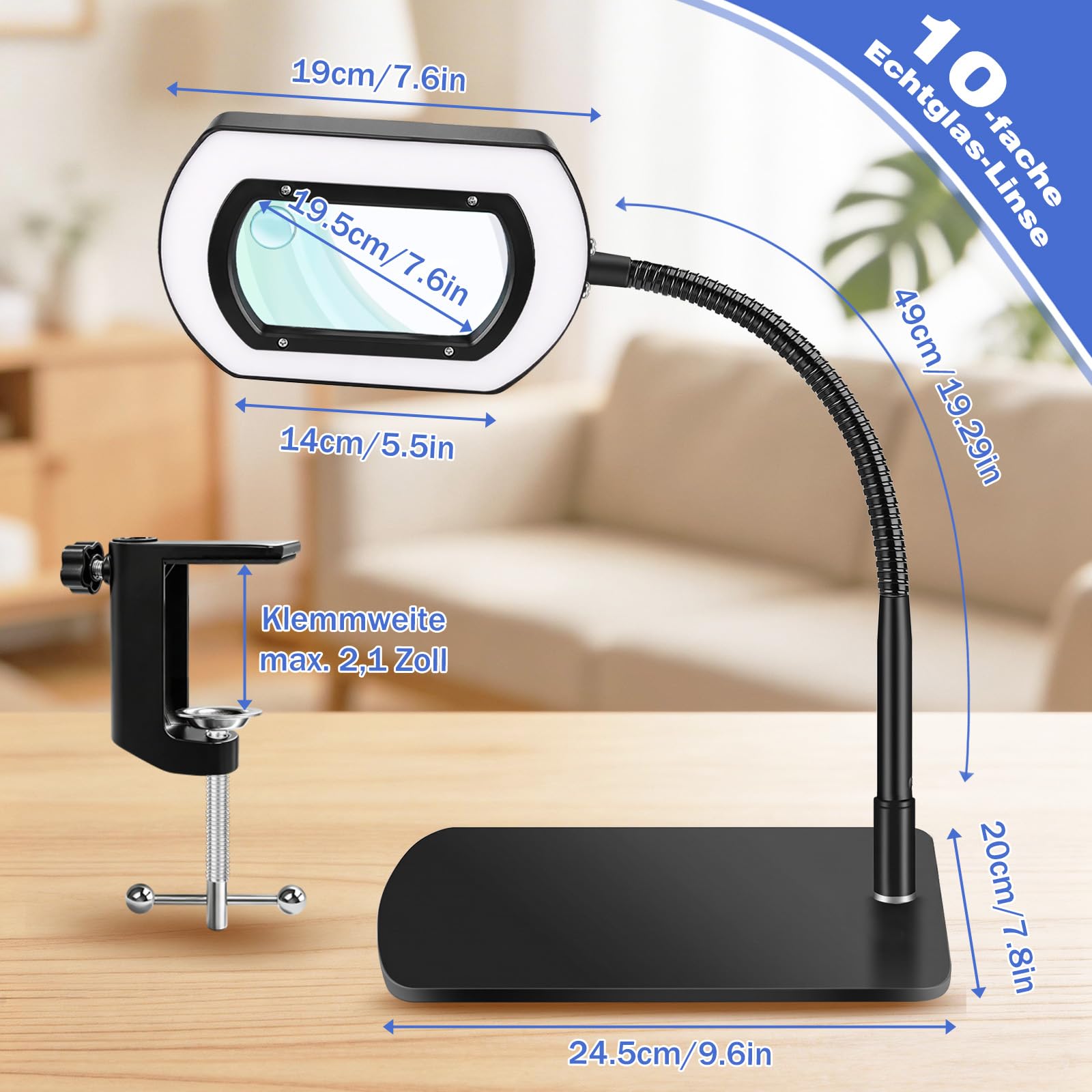 10-fache rechteckige Lupe mit Licht und Ständer & Aluminiumklemme,5 Farbmodi,stufenlos dimmbar,Flexibler Schwanenhals–Diese Lupenlampe ist ideal für Lesen und Diamond Painting