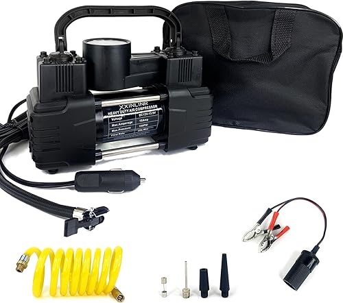 Inflador de neumáticos negro de doble cilindro resistente con bolsa portátil, accesorios para automóvil, bomba de compresor de aire de metal 12V