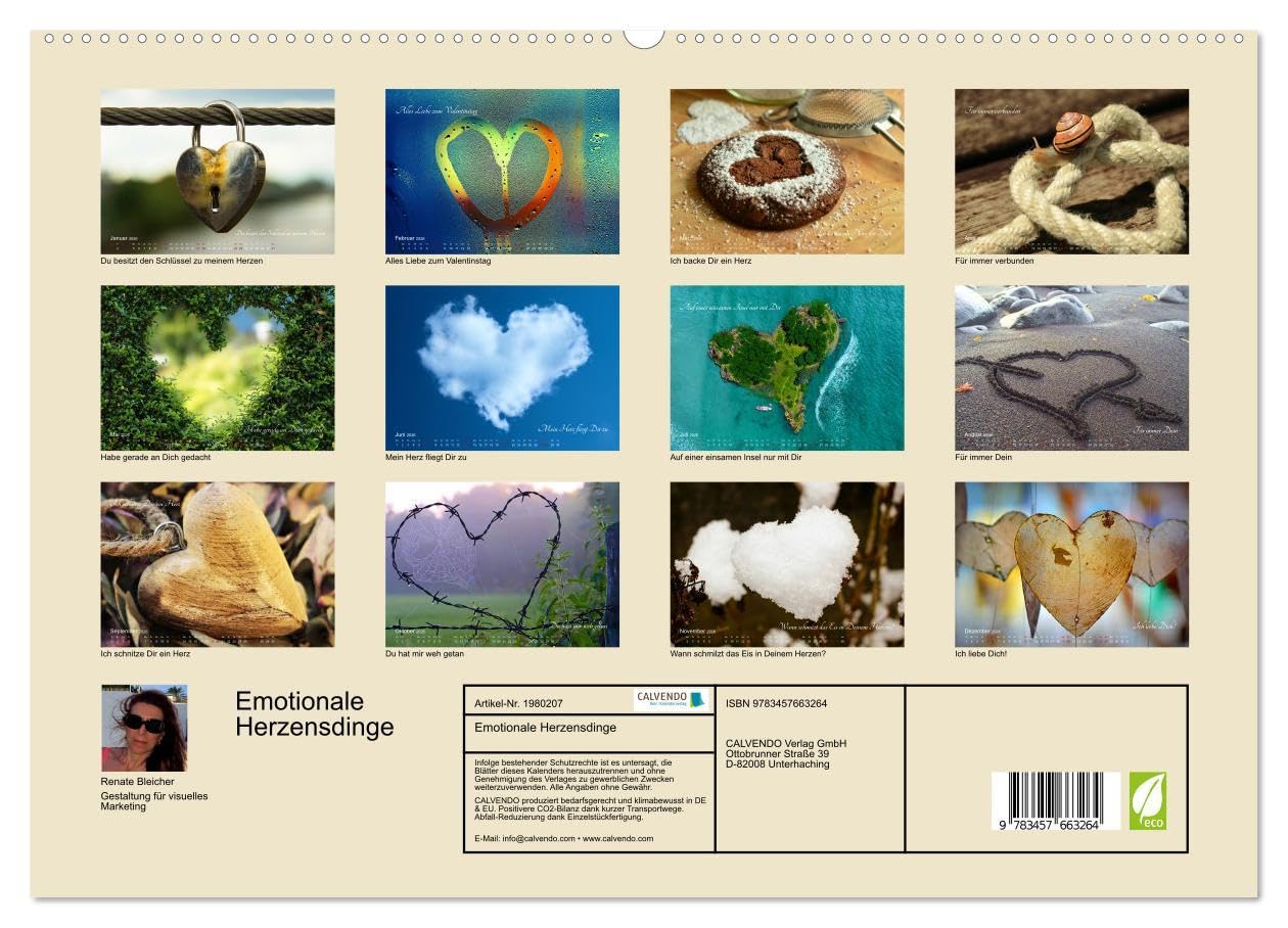 Emotionale Herzensdinge (hochwertiger Premium Wandkalender 2026 DIN A2 quer), Kunstdruck in Hochglanz: Bilder von Herzen mit romantischen Sprüchen über Liebesglück und Liebesleid (CALVENDO Kunst)