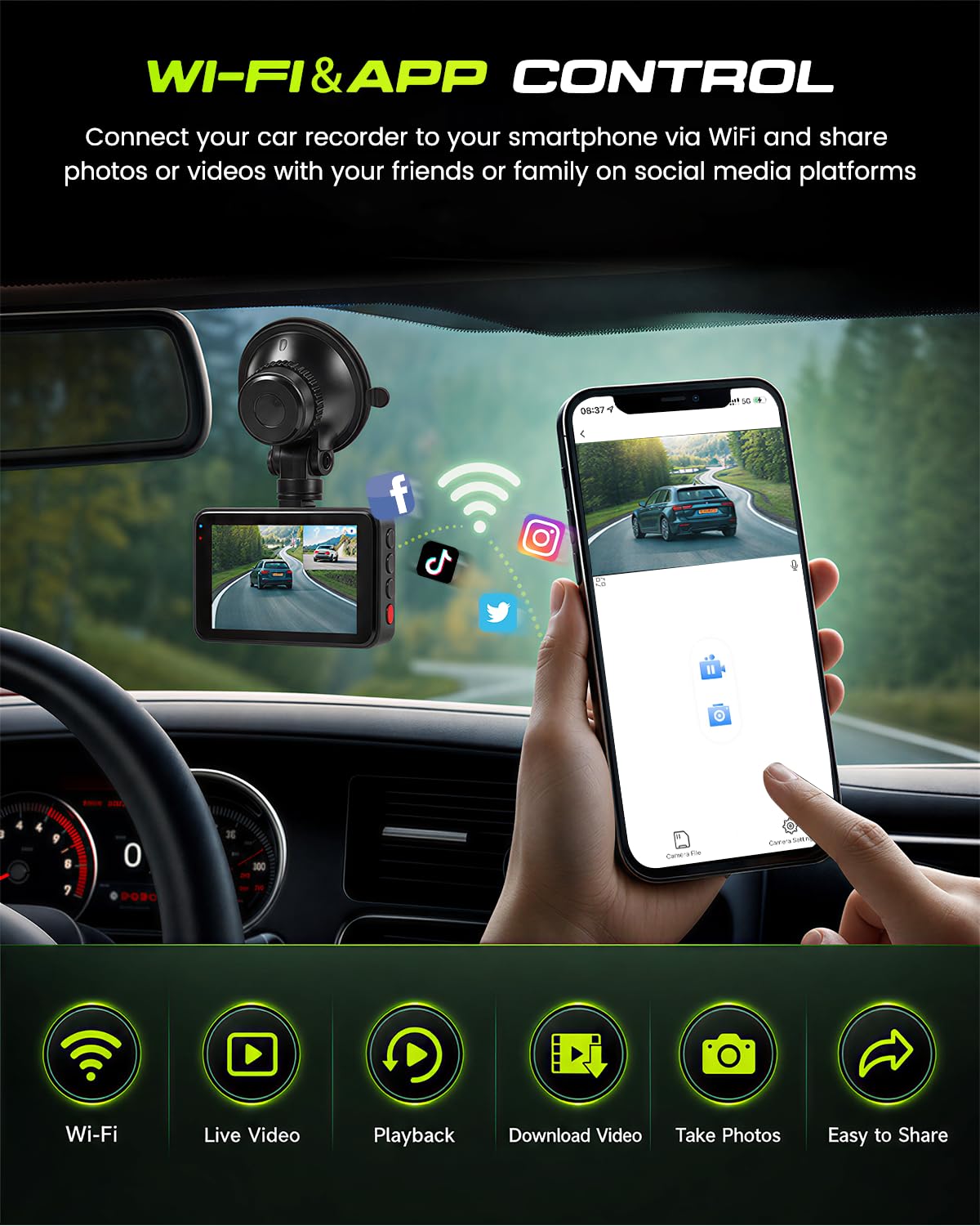 Inefala Dash Cam 4K Fronte Retro WiFi, 64GB, Schermo 3 Pollici