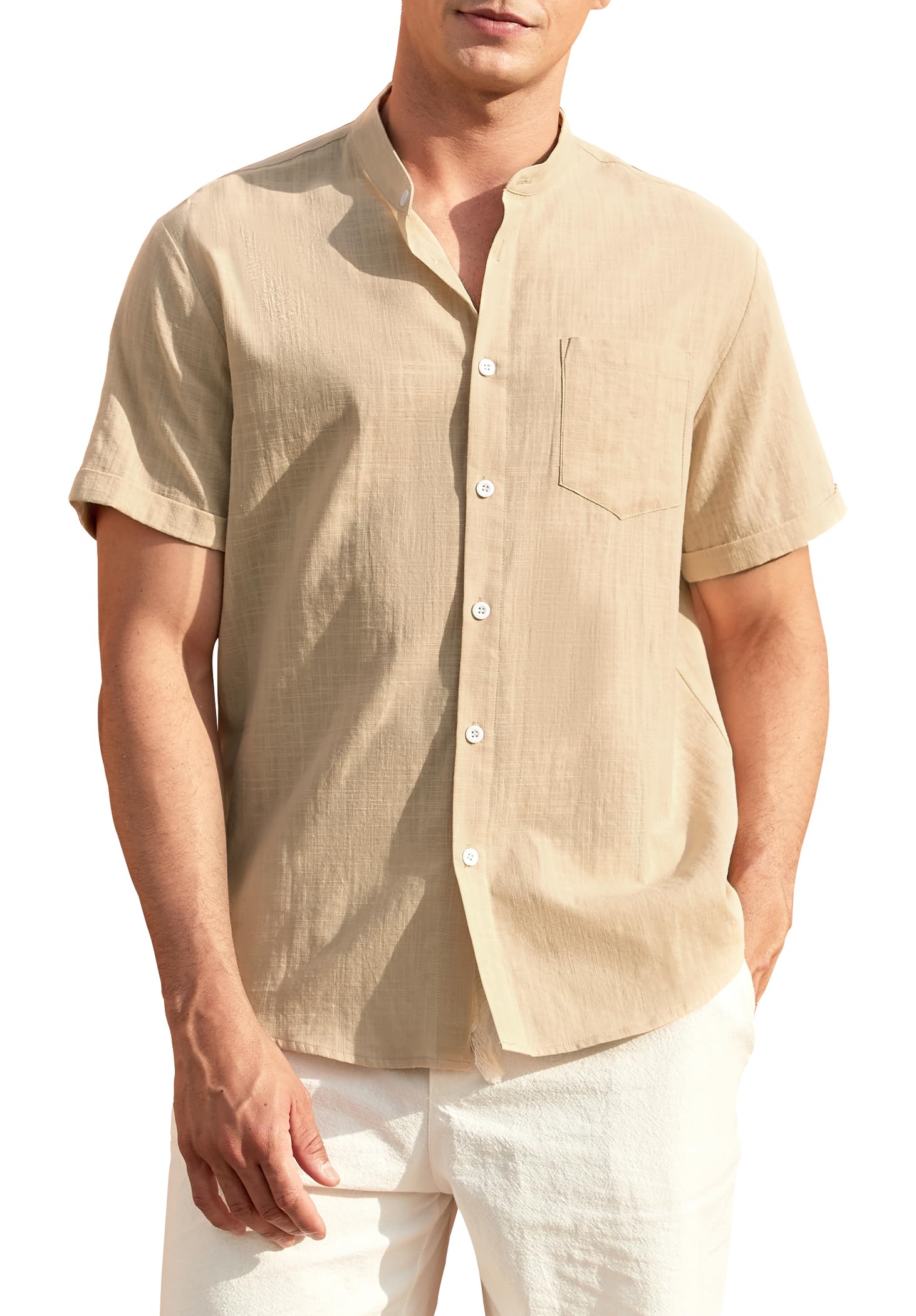 Enlision Camisa de Lino Manga Corta Camisa para Hombre Informales Sin Cuello Verano Henley Camisas Coton de Color Sólido con Botónes Bolsillo Playa Boda S-4XL
