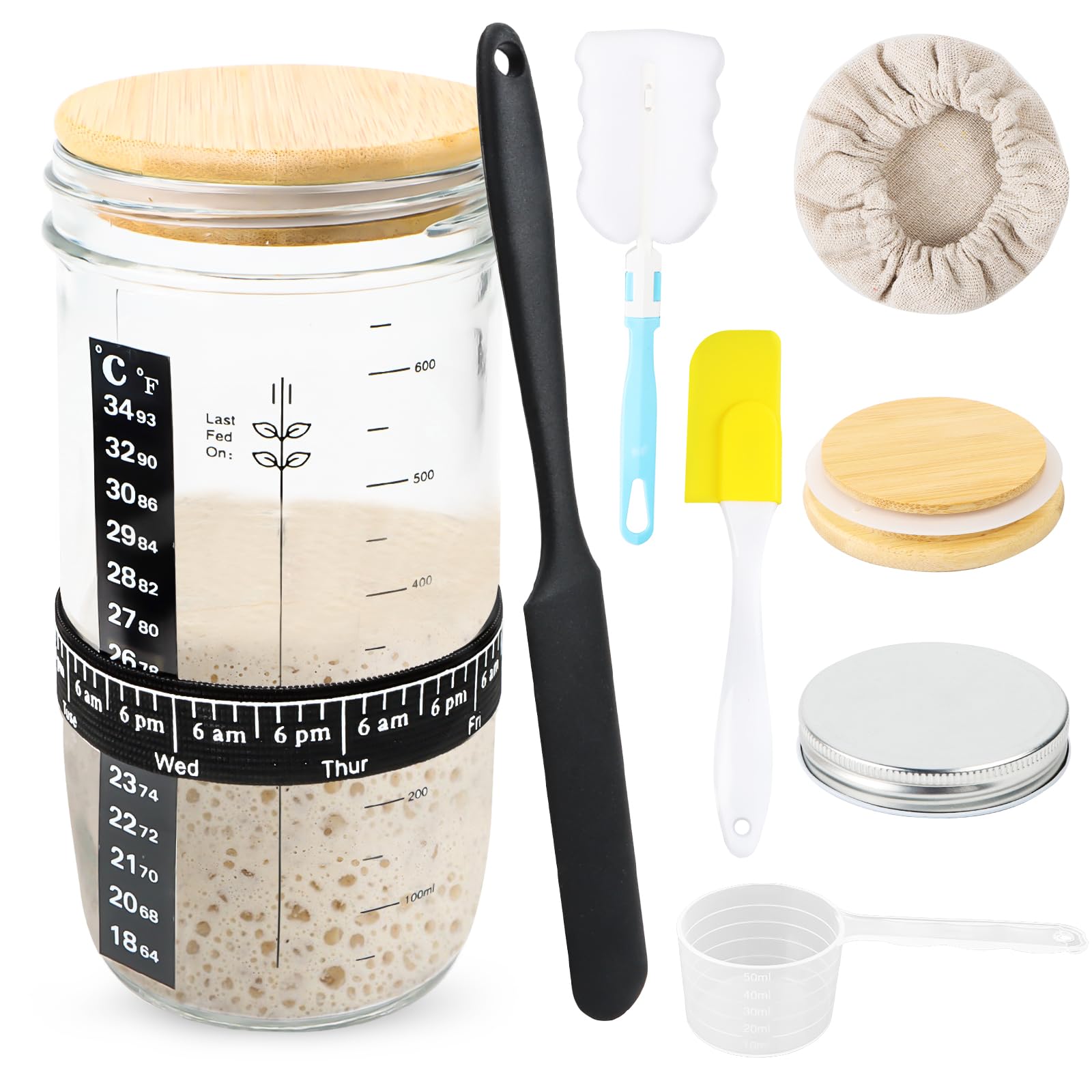 Zuurdesem Starter Jar Kit, Vervangingsset voor Zuurdesem Starter Jar Glazen Pot Fermentatie Tijdriem Thermometer Siliconen Spatel Doek Deksel Brood Starter Kit voor Keuken Thuis Zuurdesem Starter Jar Kit, Vervangingsset voor Zuurdesem Starter Jar Glazen Pot Fermentatie Tijdriem Thermometer Siliconen Spatel Doek Deksel Brood Starter Kit voor Keuken Thuis
