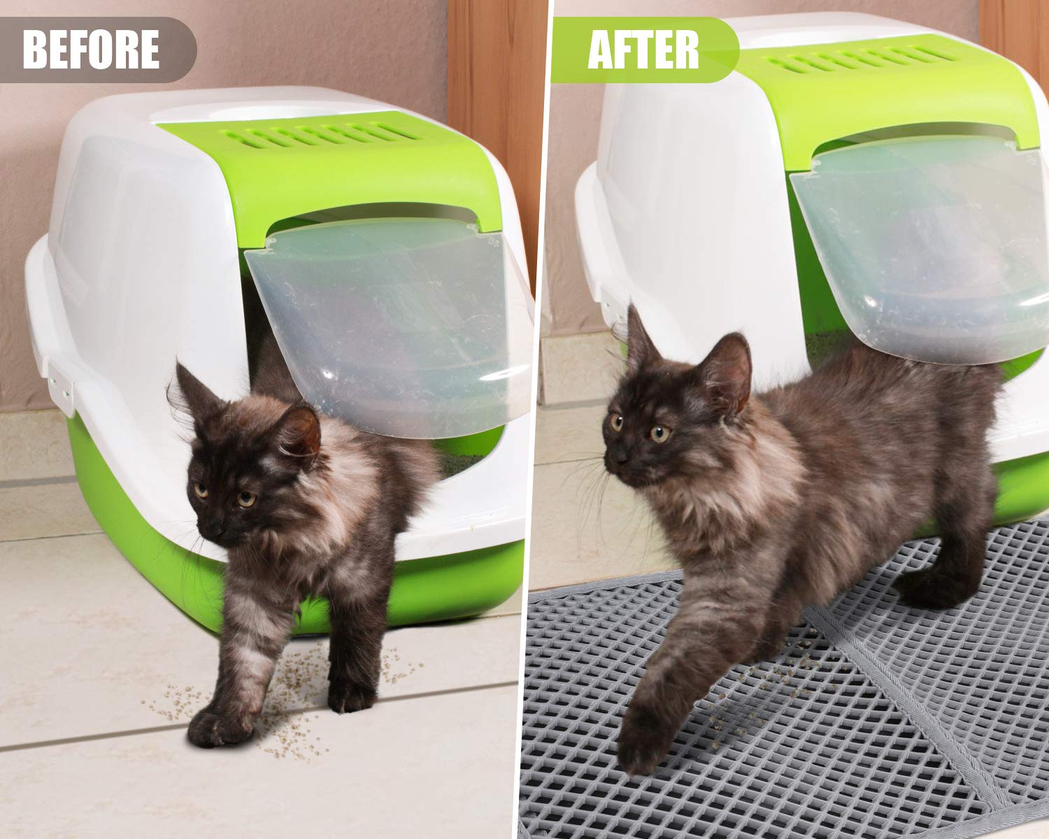 Pecute Tappetino Lettiera Gatto (60 * 42cm,Grigio), Tappetino Sabbia Gatto Utilizzato in Varie Lettiere, Doppio Strato Tappetini Igienici con Grandi Fori, Impermeabile e Antiscivolo, Facile da Pulire