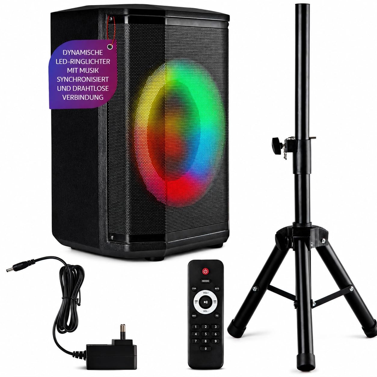 Pyle Partybox Bluetooth Lautsprecher 120W TWS – Kompakte PA Anlage mit kraftvollem Sound, LED Lichteffekte, Stativ, USB, Micro SD, FM Radio