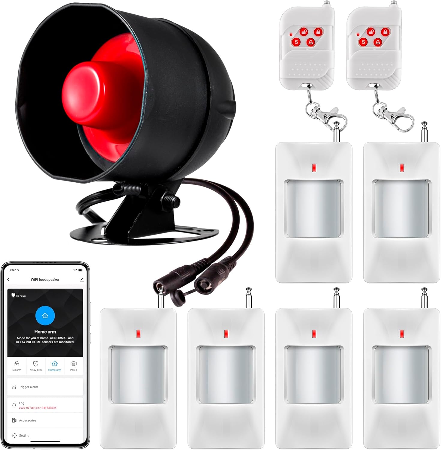 WiFi Alarm System for Home Security, 120dB Wireless Alarm Security System with Free Notification APP Control, Remote Control and Motion Sensor Siren, Home Alarm System for Shed Garage