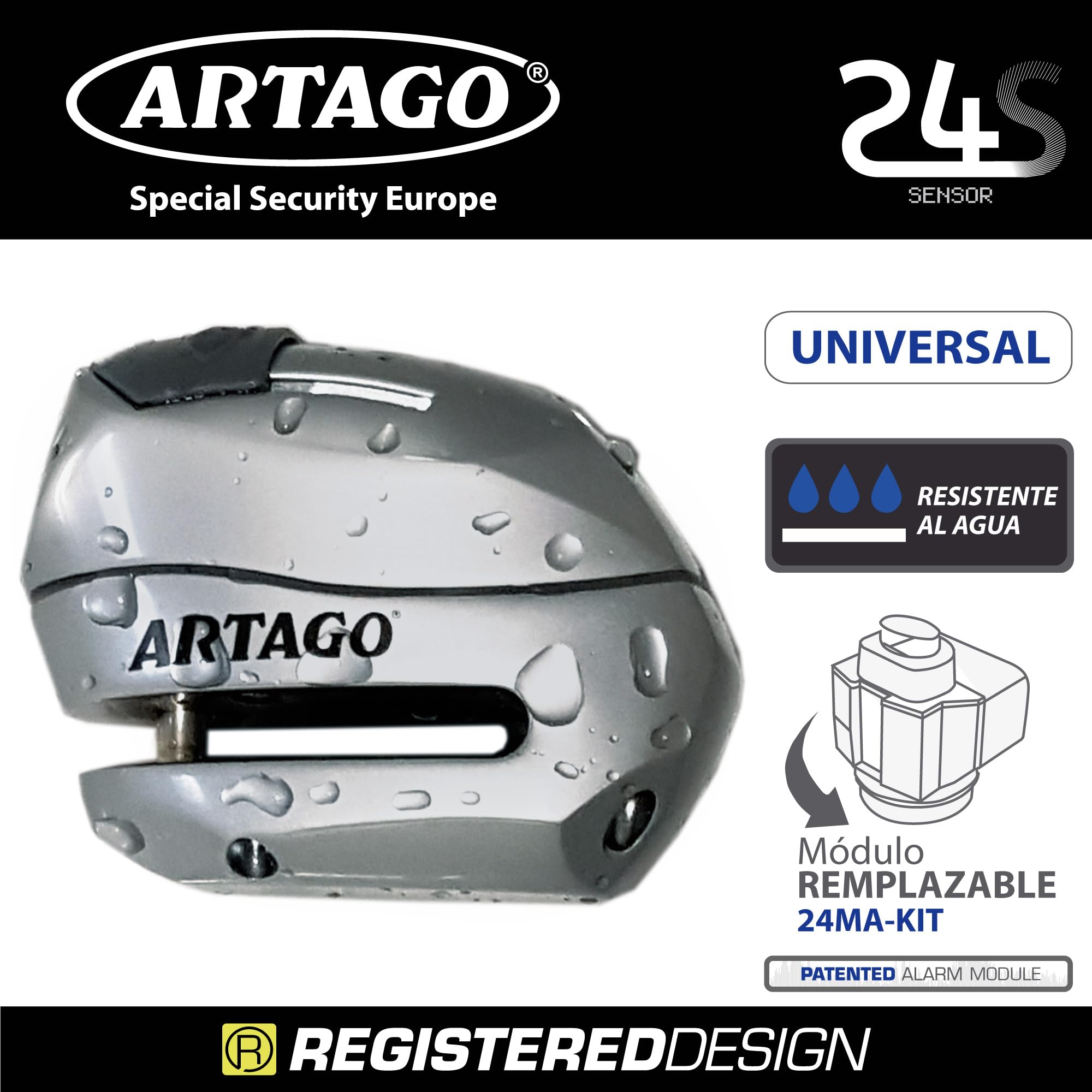 Artago 24S.6M Candado Moto Sin/con Alarma Don't Touch 120dB, LED Oscuridad, Más Impermeable, Pila Larga Duración, Antirrobo Moto Disco Cerradura Tapa Deslizante, Pinza Cepo Bloqueo 6mm Universal