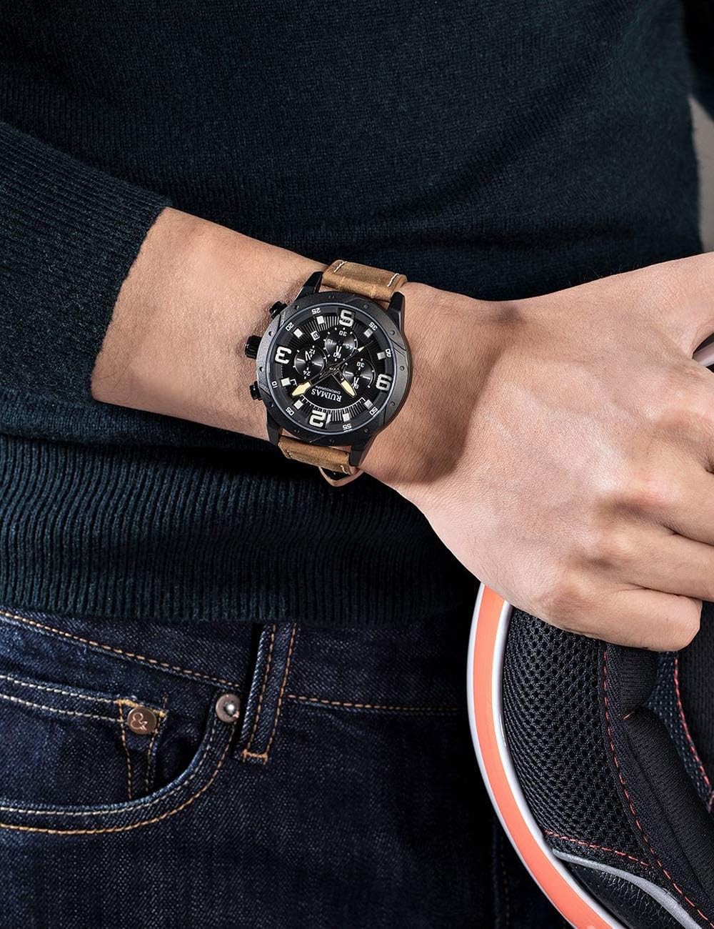 Mens Quartz Watches for Men with Leather Band Watch Men Fashion Sport Wirstwatch Analog Waterproof Military Casual Luminous Calendar Stopwatch