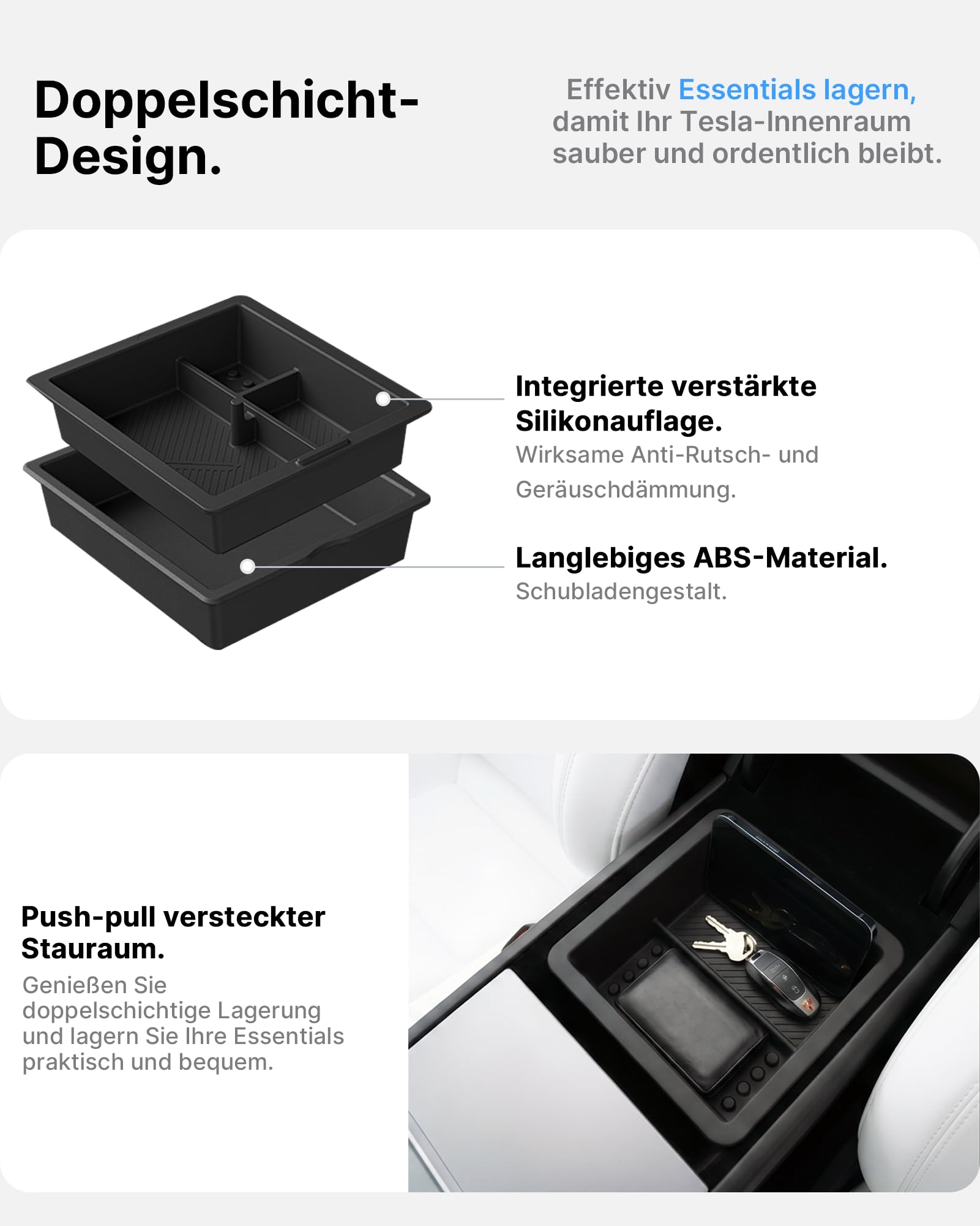 4-Teiliges Mittelkonsole Organizer für Tesla Model 3 Highland 2024-2026 & Model Y Juniper 2025-2026 (nur Premium & Performance), Aufbewahrungsbox Armlehnenablage Zubehör