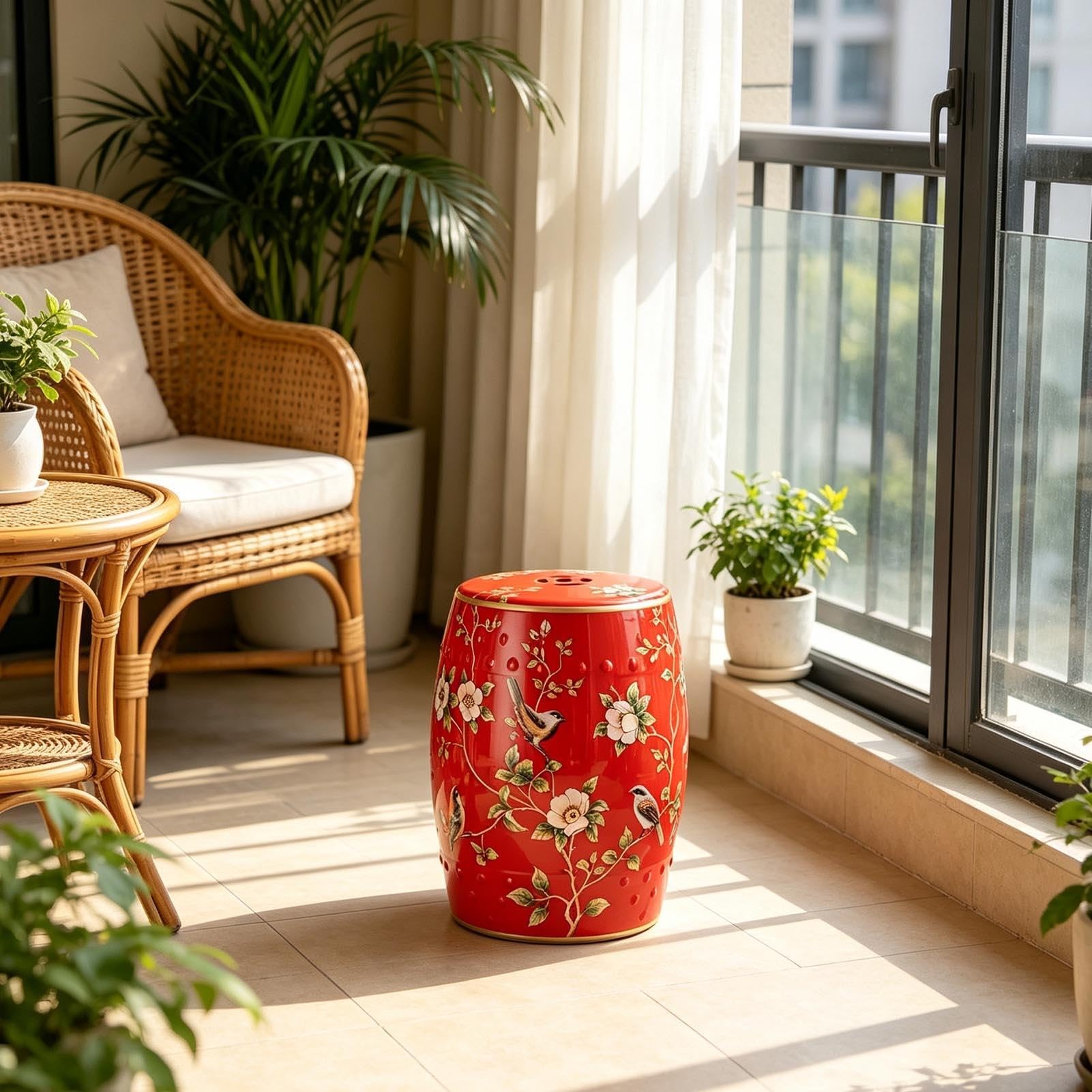Ceramiczny Stołek Ogrodowy, Ręcznie Malowany Dekoracyjny Stół Akcentujący Bęben Do Użytku Wewnątrz I Na Zewnątrz, Malowana Glazura, Stolik Boczny Na Patio, Salon, Sypialnia, Balkon(Red)
