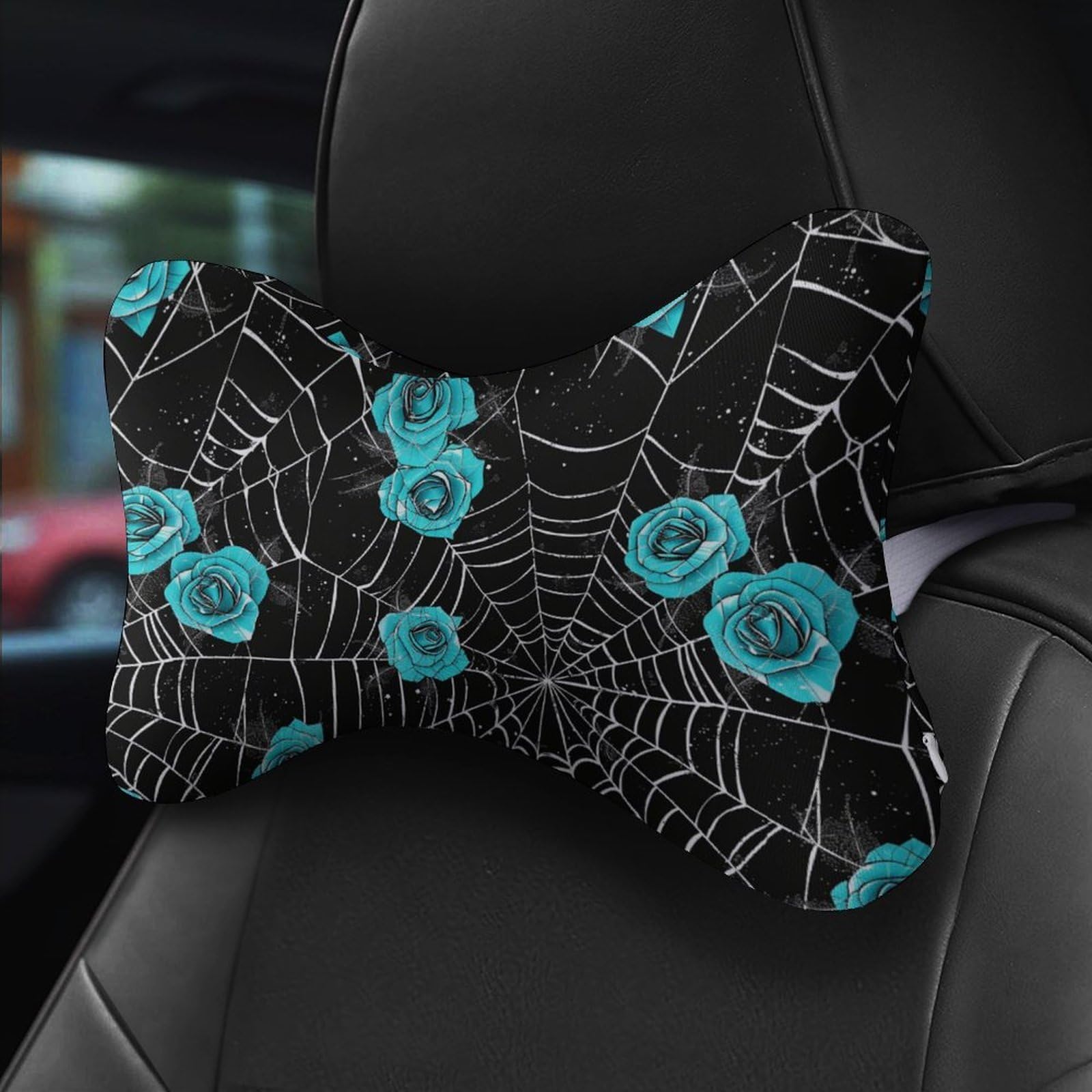 SMAZDFXX Spider Web Cobwebs Blue Rose Car Neck Pillow Set of 2 Car Seat Head Support Cushion Bone Pillows with Elastic Strap