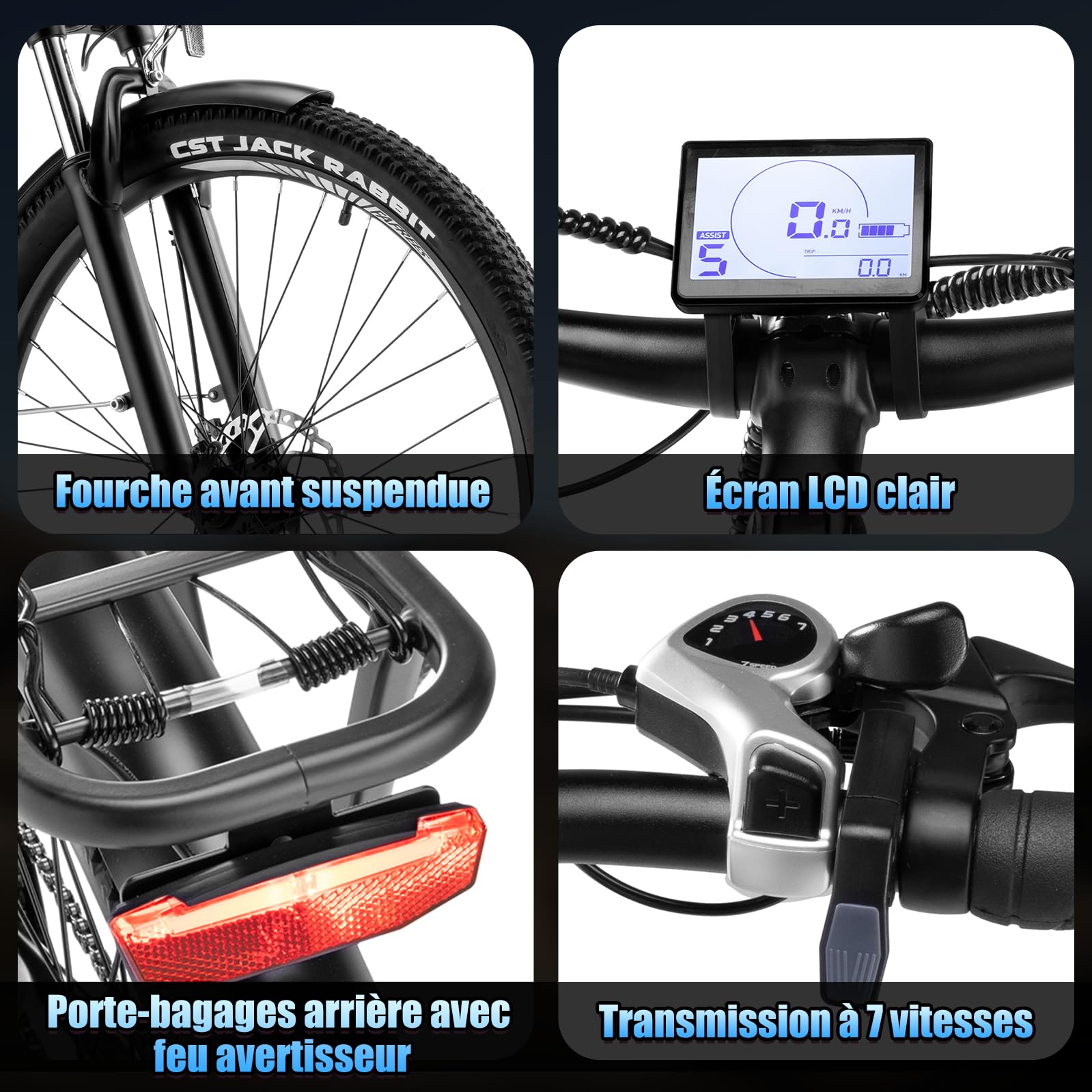 27M204 Vélo électrique pour homme, 27,5", gris, moteur sans balais 250 W, batterie 36 V 13 Ah, 25 km/h, écran LCD avec contrôle par application, portée jusqu'à 100 km, portée jusqu'à 100 km