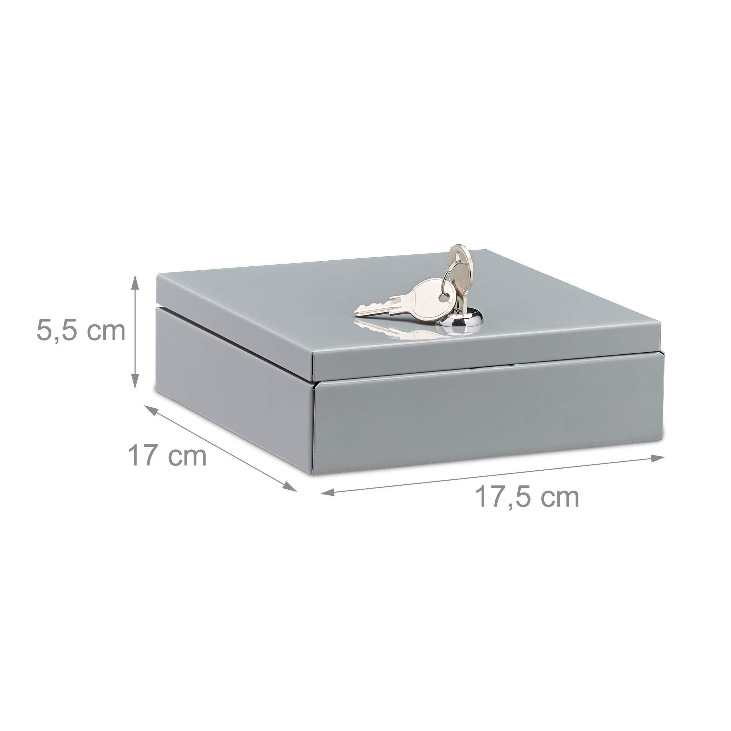 Relaxdays Cassetta di Sicurezza, Richiudibile, con Scomparto Monete, Cassaforte Mobile con 2 Chiavi,LxP 17x17 cm, Grigia